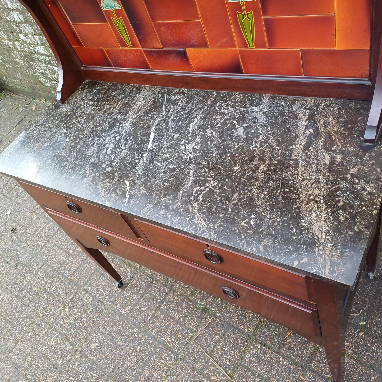 Magnificent Early 20th Century Washstand Marble Top Art Nouveau Tiles Drawers FREE HAND Delivery Bathroom Sink Vanity Unit