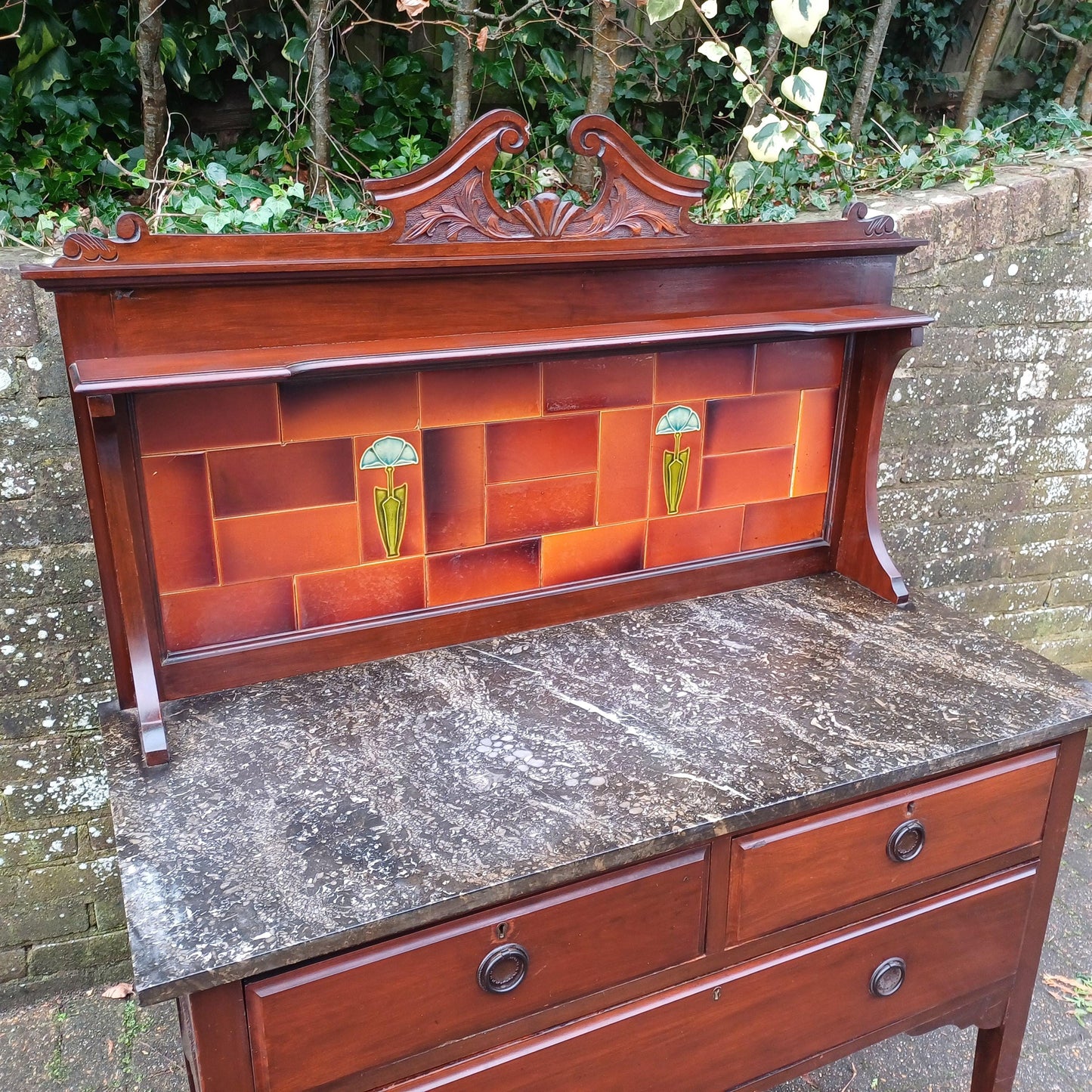 Magnificent Early 20th Century Washstand Marble Top Art Nouveau Tiles Drawers FREE HAND Delivery Bathroom Sink Vanity Unit