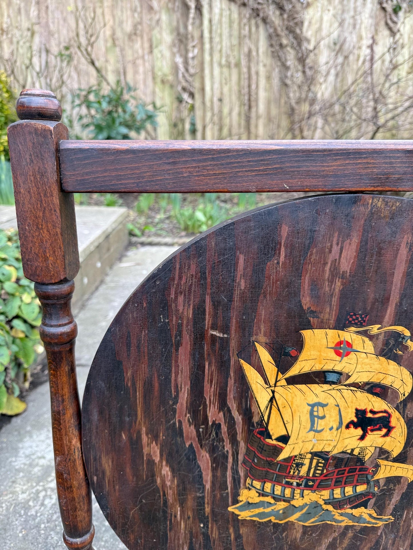Mid century wooden frame, painted galleon fire screen - small wooden firescreen, fire guard 1900s