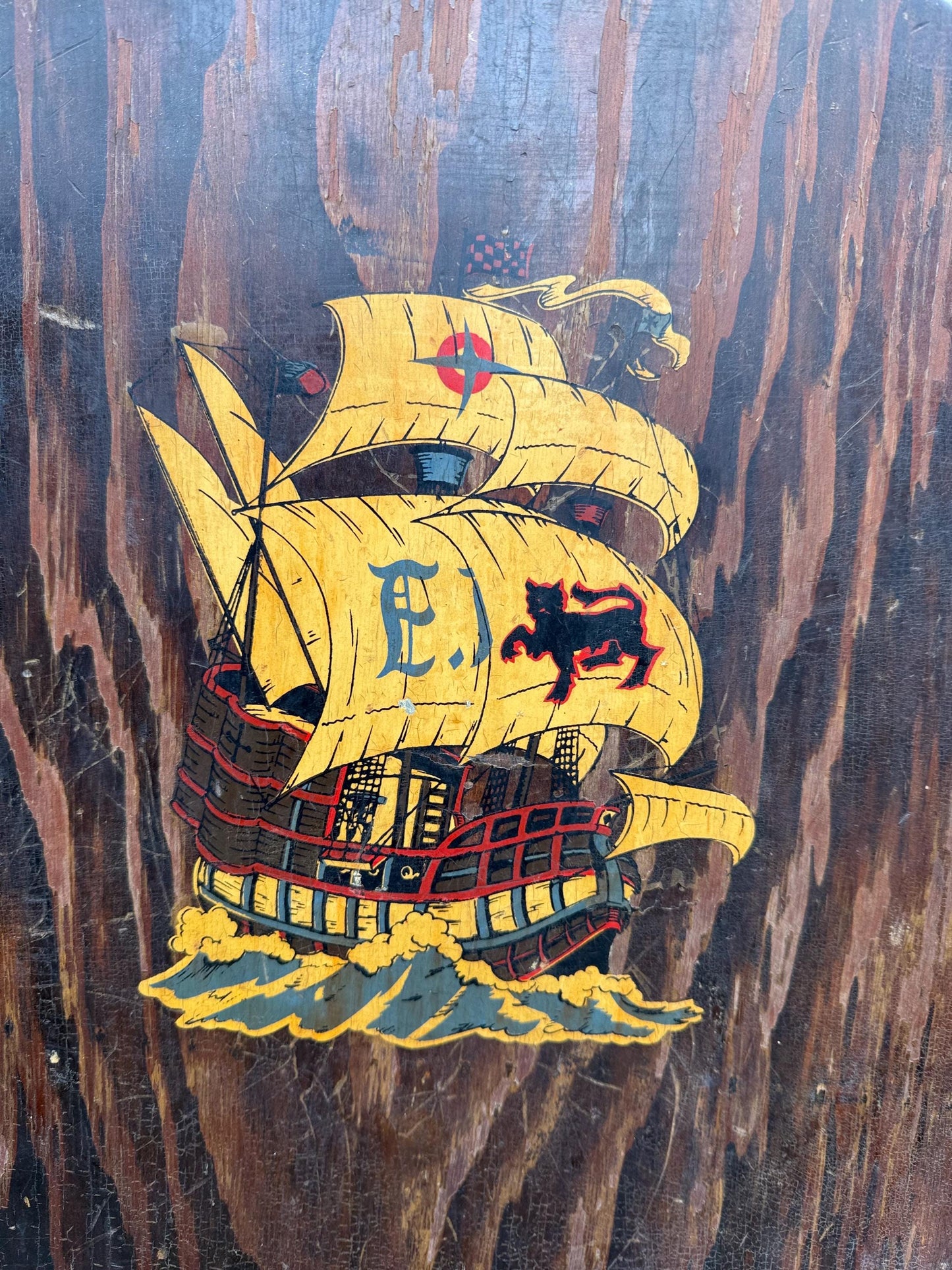 Mid century wooden frame, painted galleon fire screen - small wooden firescreen, fire guard 1900s