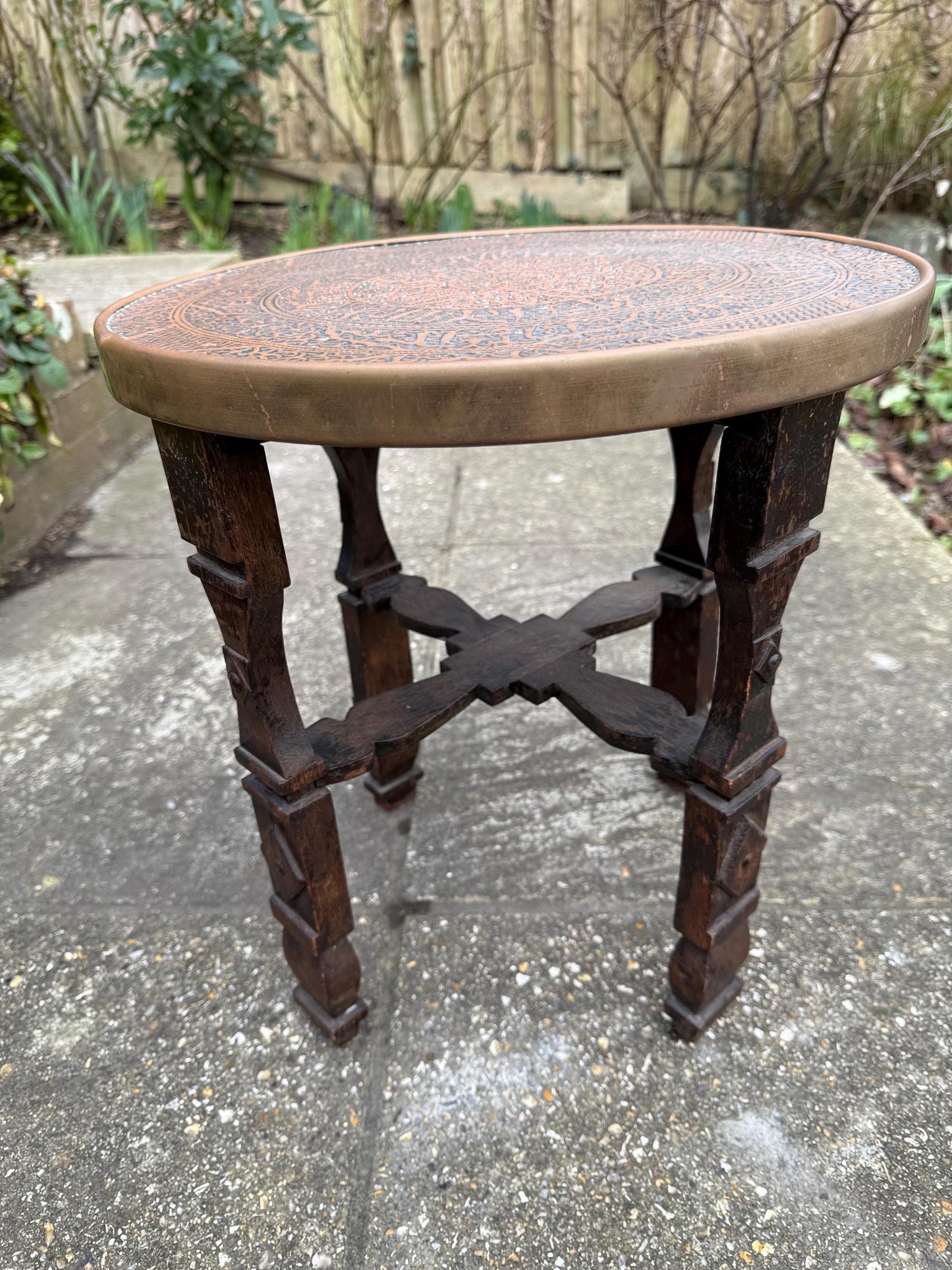 Benares Vintage Table - early to mid 20th century Benares Indian brass topped small table, plant stand 40cm h, 38cm w