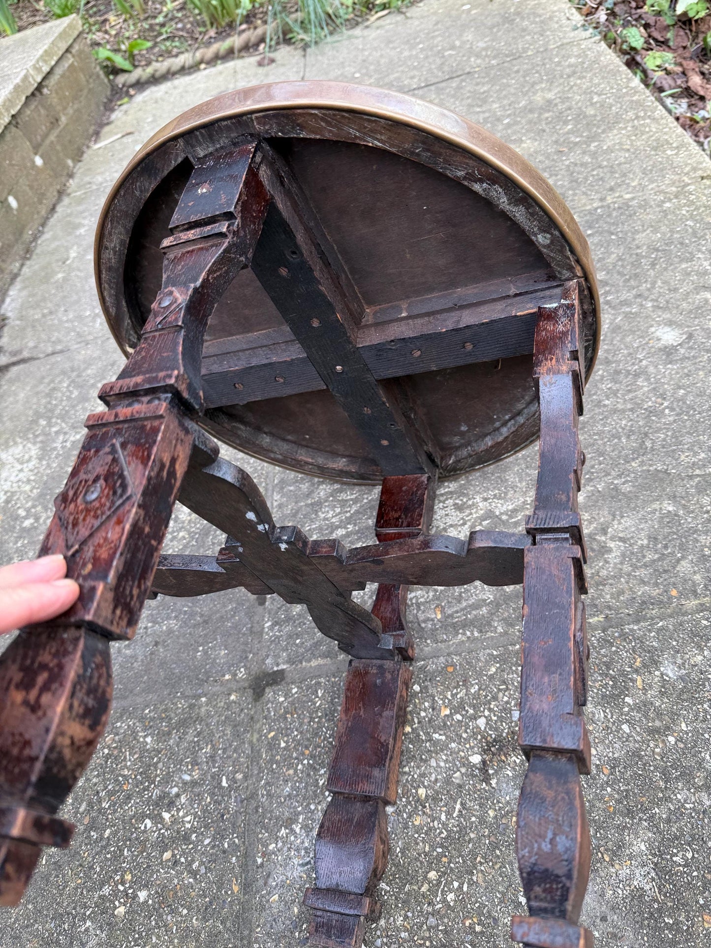 Benares Vintage Table - early to mid 20th century Benares Indian brass topped small table, plant stand 40cm h, 38cm w