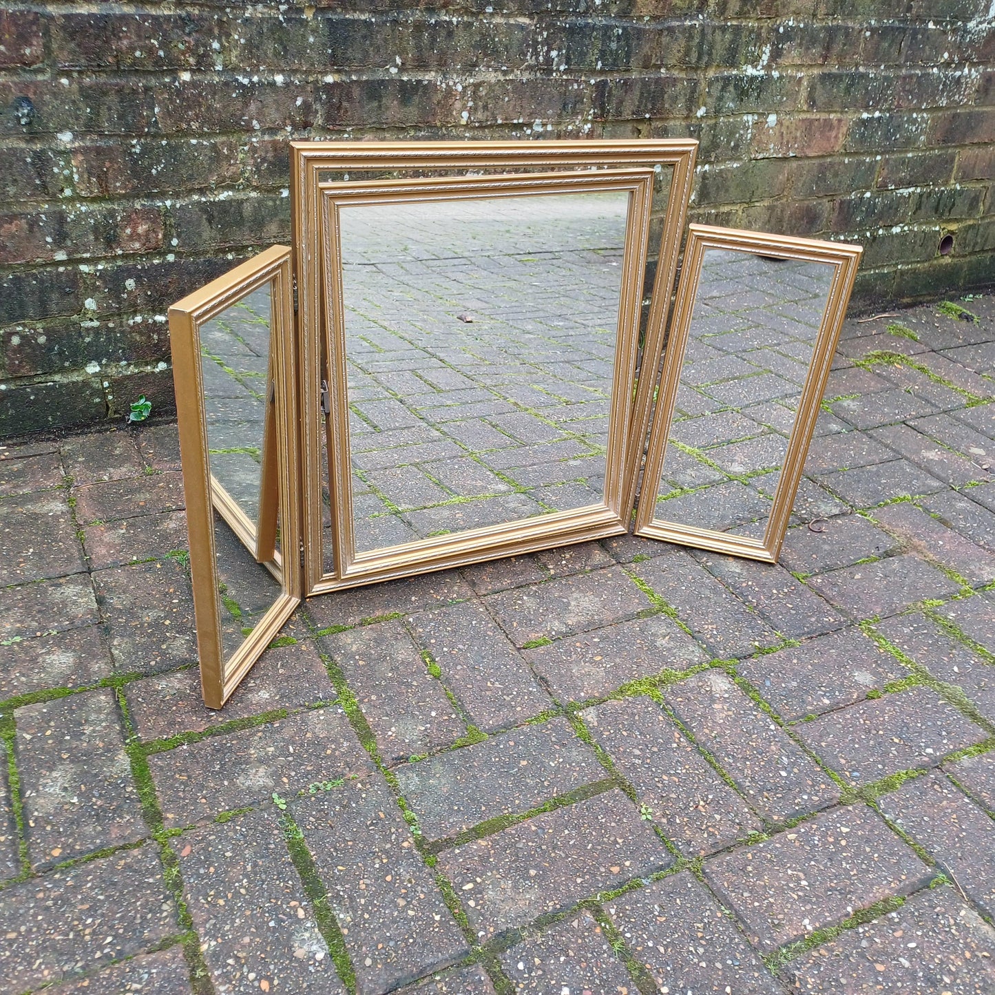 Vintage Retro Classic Gold Gilt 80s Adjustable Triple Mirror Silver Highlights