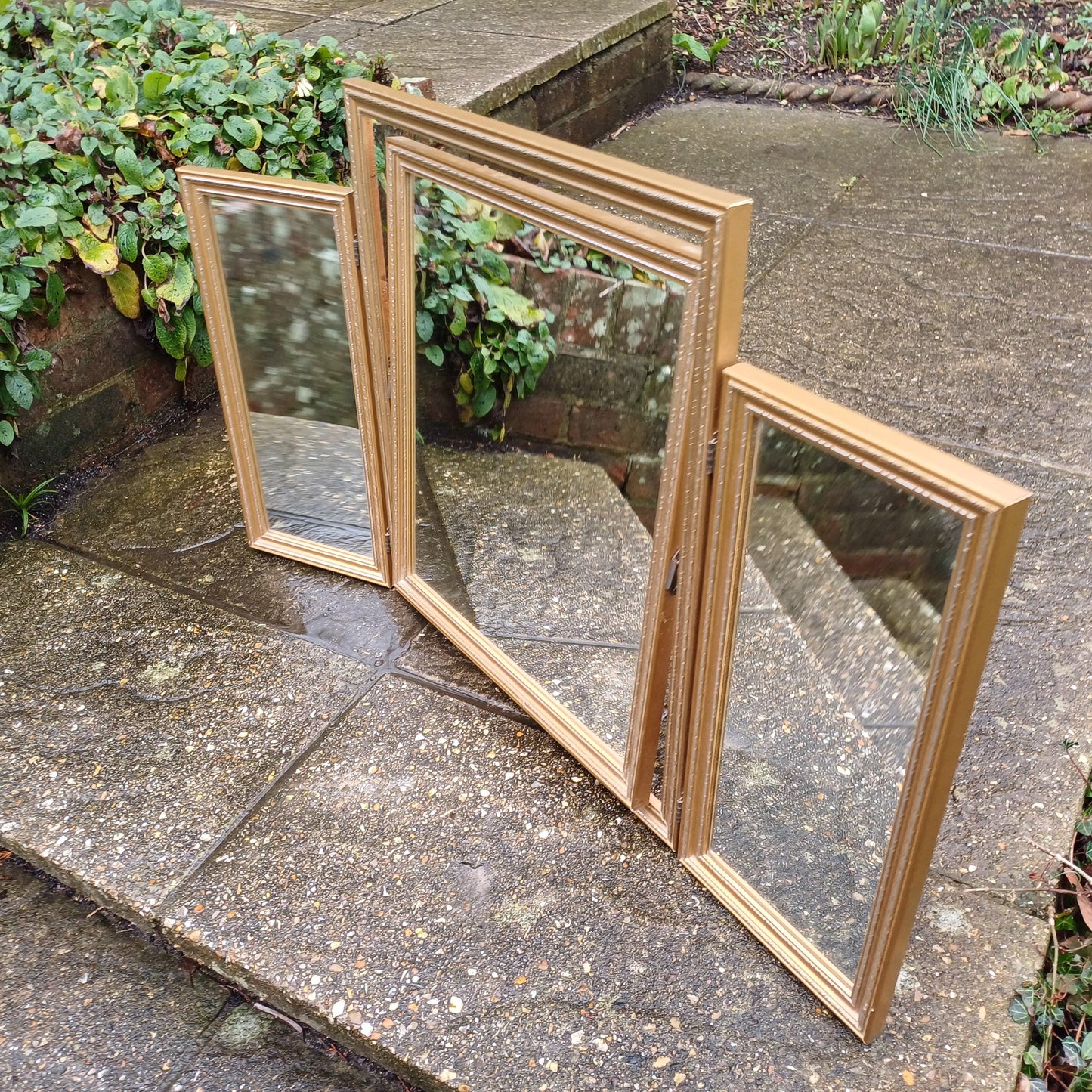 Vintage Retro Classic Gold Gilt 80s Adjustable Triple Mirror Silver Highlights