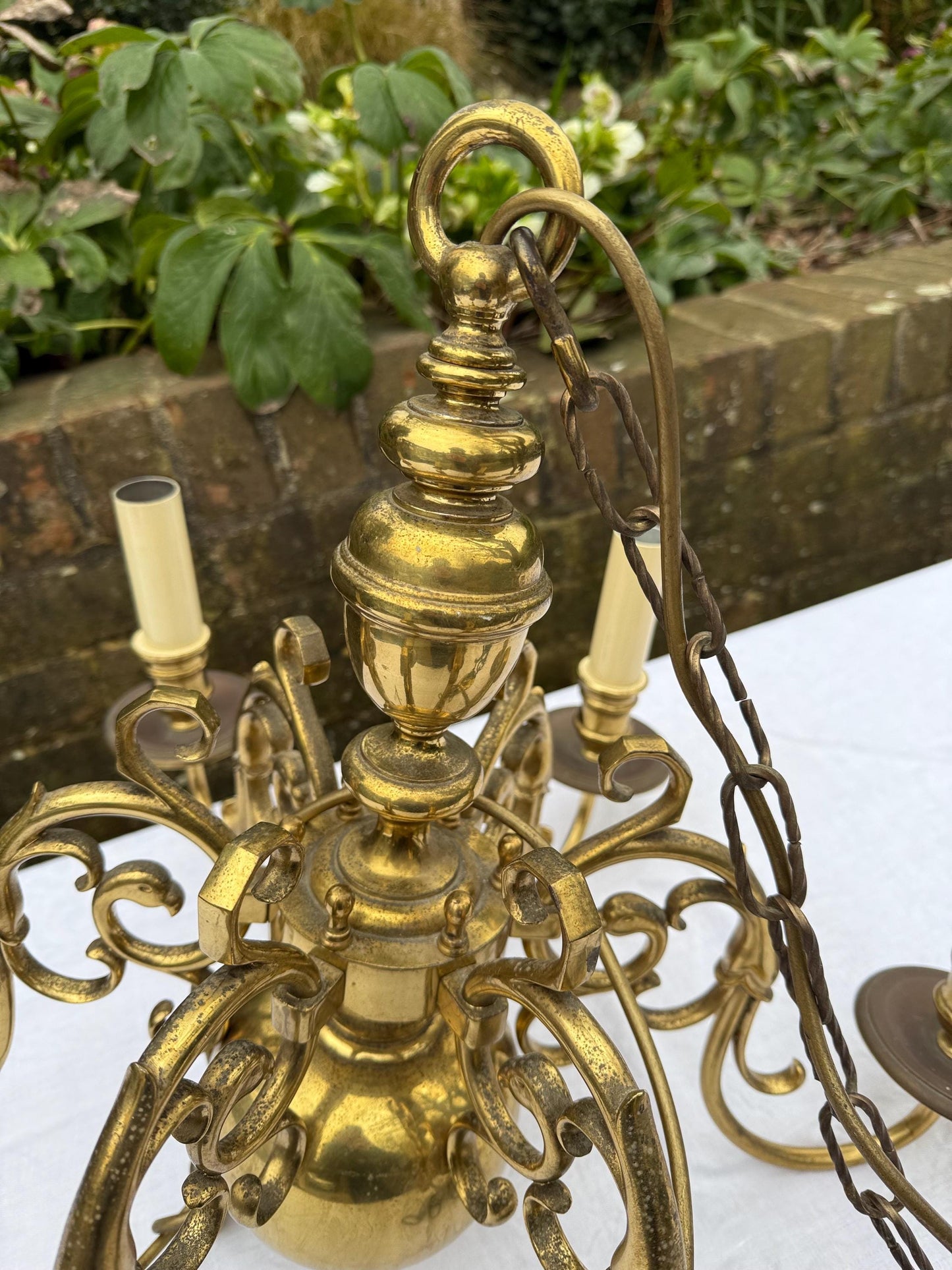 Quality mid-century Dutch brass chandelier, ball and ring design with birds and fish - heavy, original piece