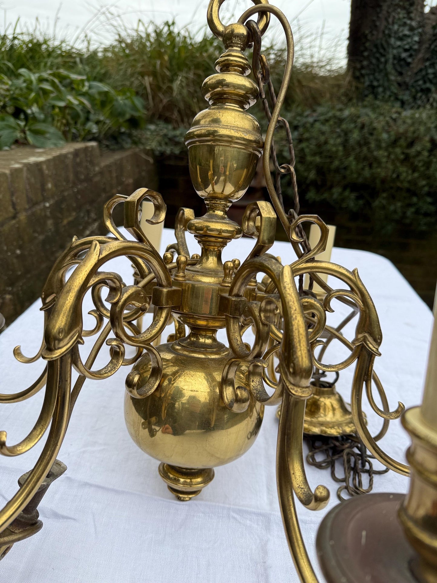Quality mid-century Dutch brass chandelier, ball and ring design with birds and fish - heavy, original piece