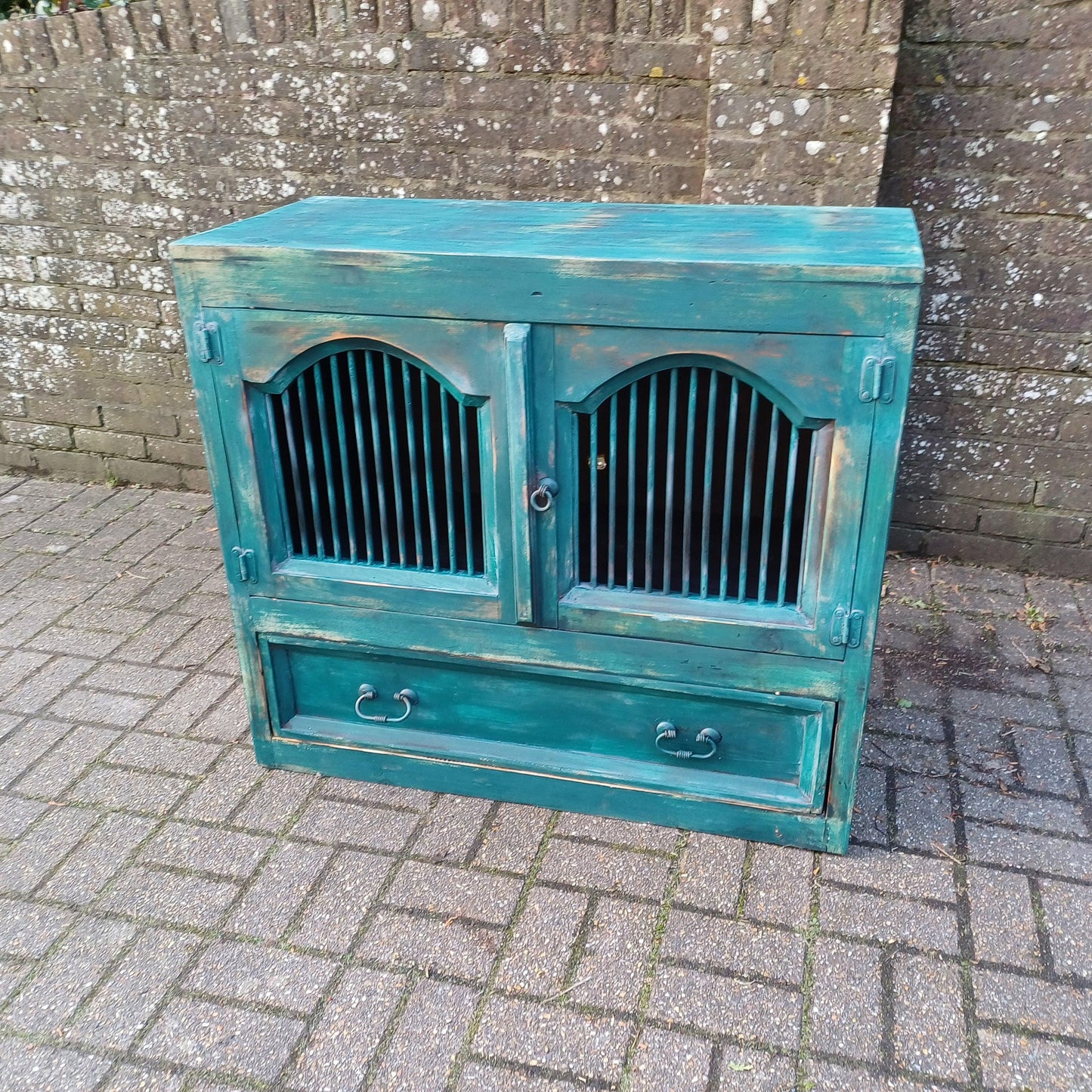 Rustic Vintage Solid Wood Bespoke Hand Painted 'Teal' Cupboard Sideboard Iron Door Detail FREE HAND Delivery