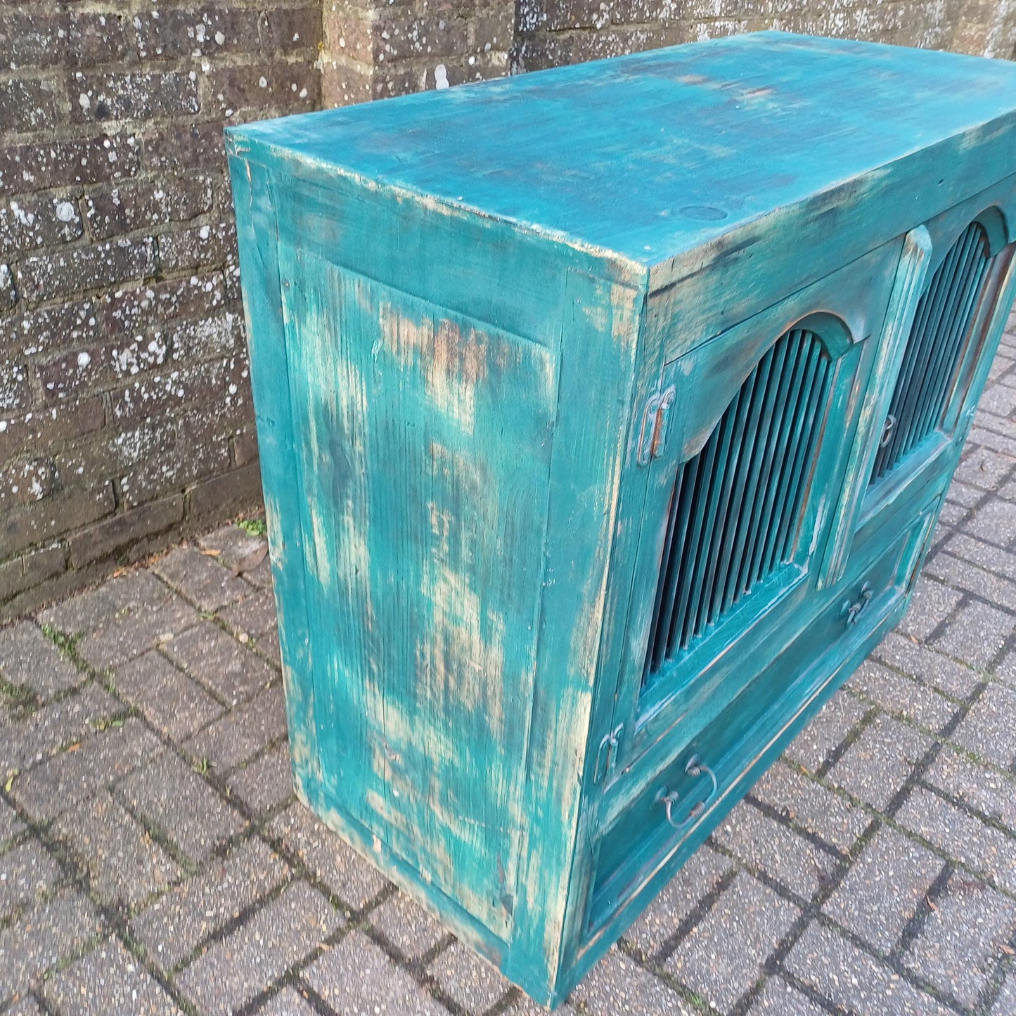 Rustic Vintage Solid Wood Bespoke Hand Painted 'Teal' Cupboard Sideboard Iron Door Detail FREE HAND Delivery