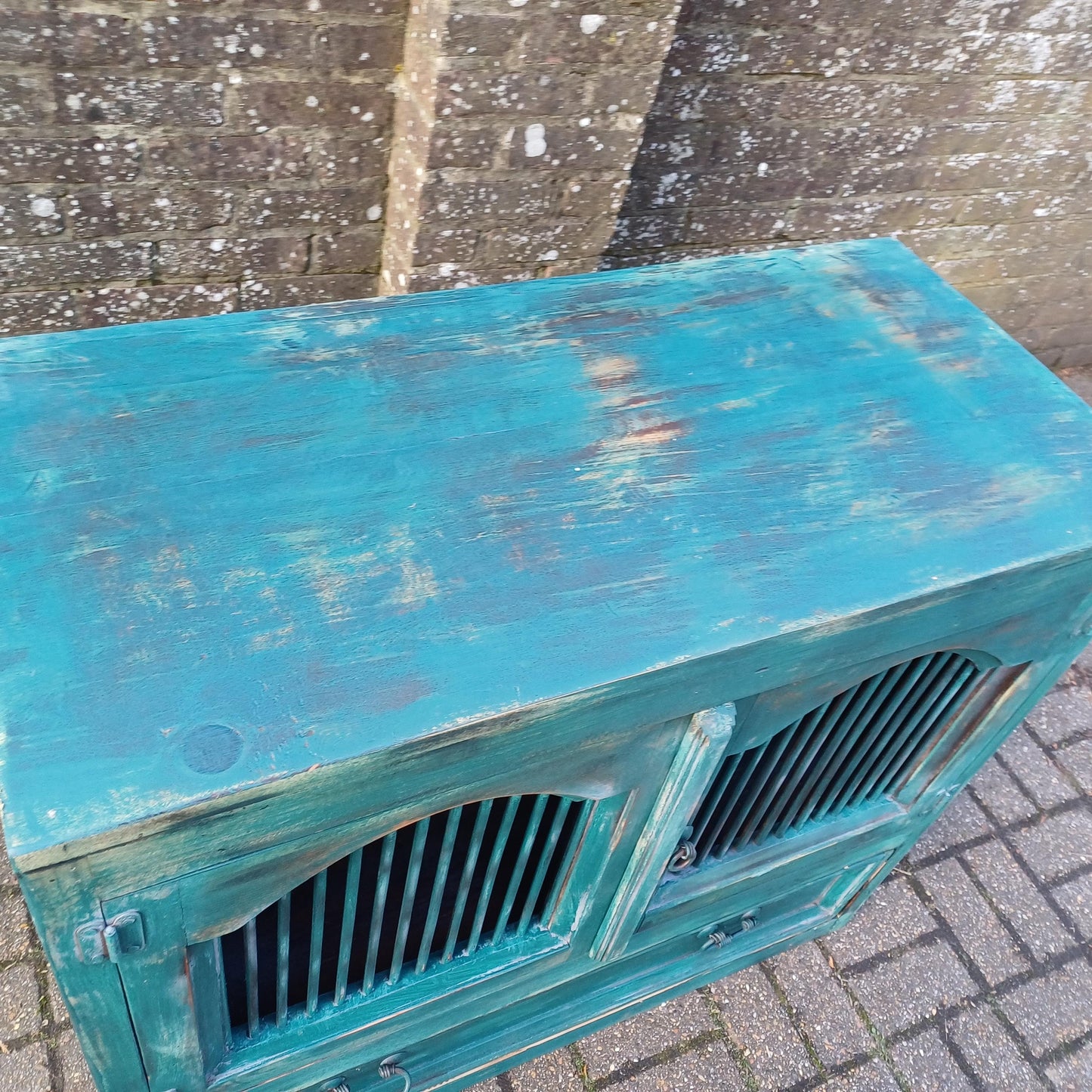 Rustic Vintage Solid Wood Bespoke Hand Painted 'Teal' Cupboard Sideboard Iron Door Detail FREE HAND Delivery