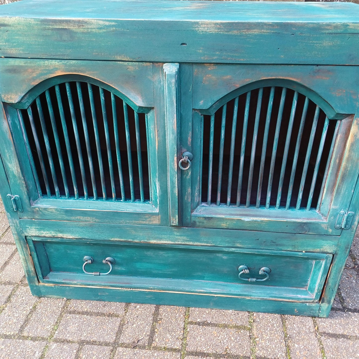 Rustic Vintage Solid Wood Bespoke Hand Painted 'Teal' Cupboard Sideboard Iron Door Detail FREE HAND Delivery