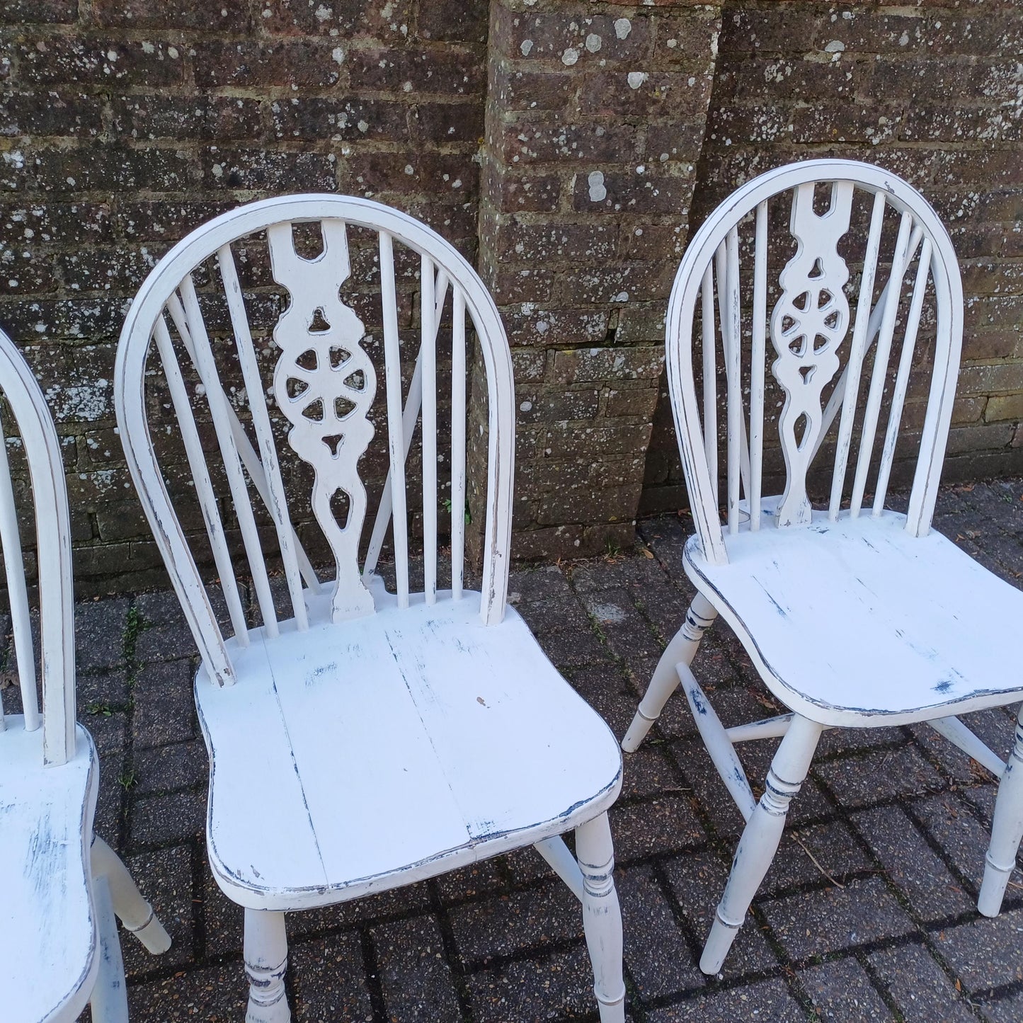 Set of 4 Vintage Hand Painted Upcycled Wheelback Kitchen or Dining Chairs 60s/70s Very Solid FREE HAND Delivery Very Light Grey