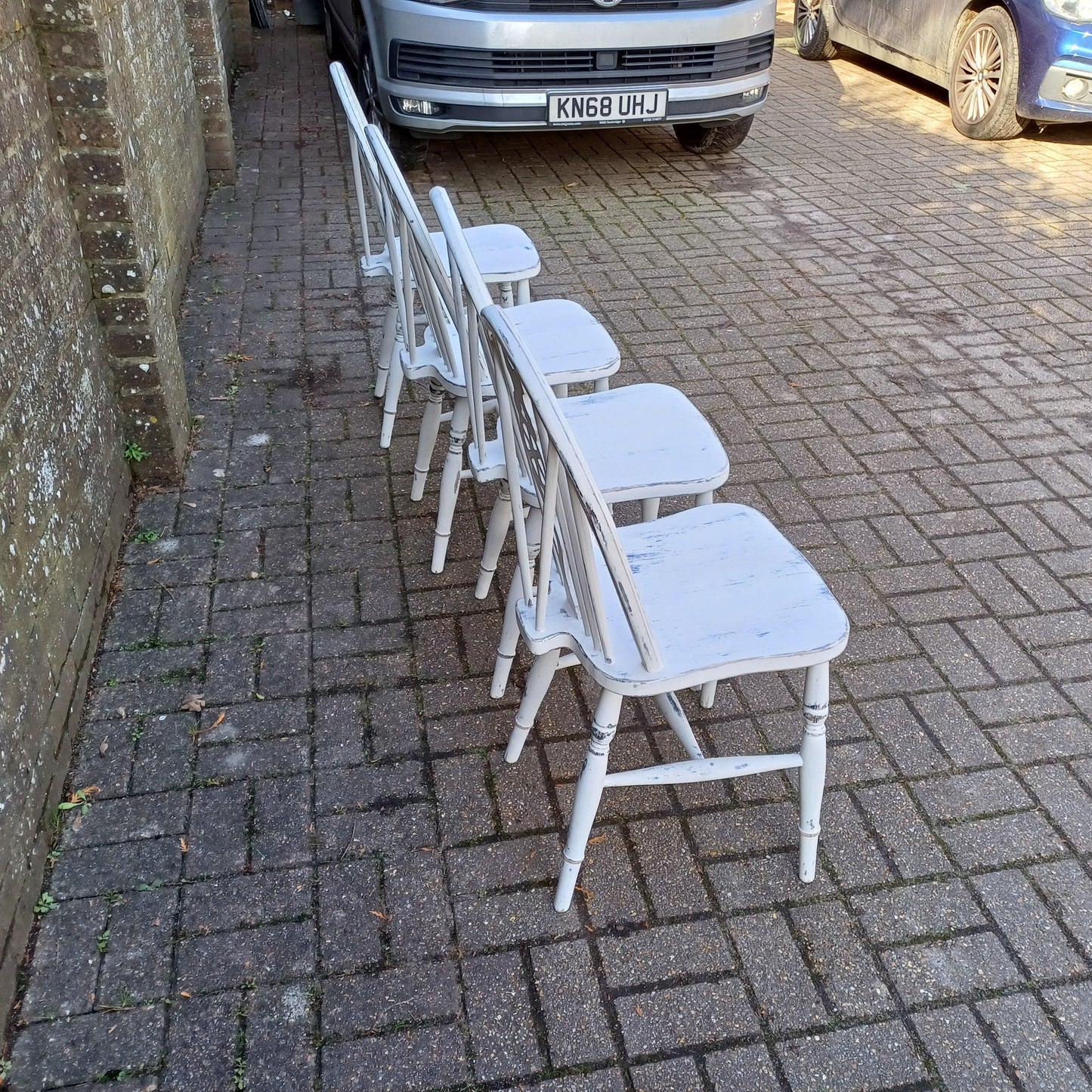 Set of 4 Vintage Hand Painted Upcycled Wheelback Kitchen or Dining Chairs 60s/70s Very Solid FREE HAND Delivery Very Light Grey