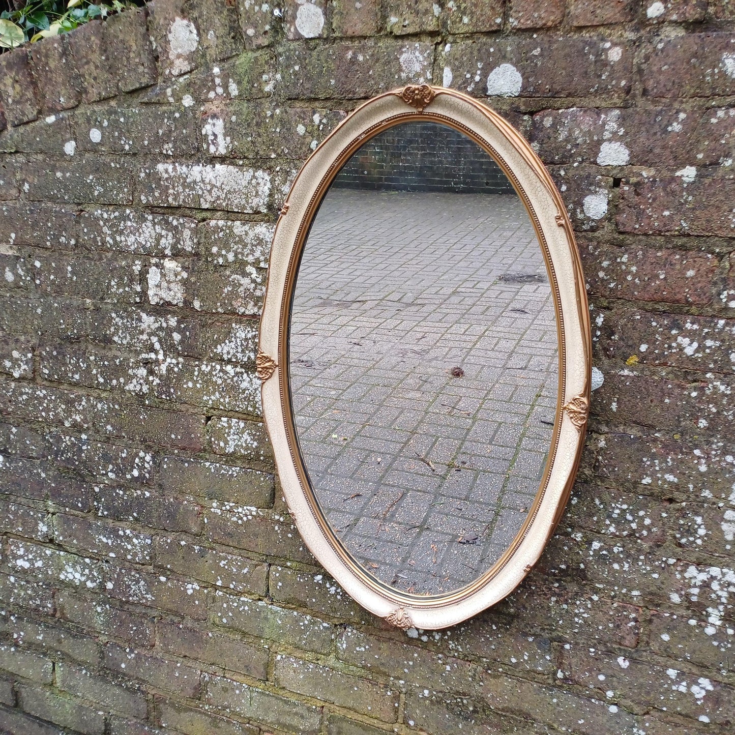 Large Vintage 60s/70s Gold and Cream Oval Mirror Crackle Glazed Effect.