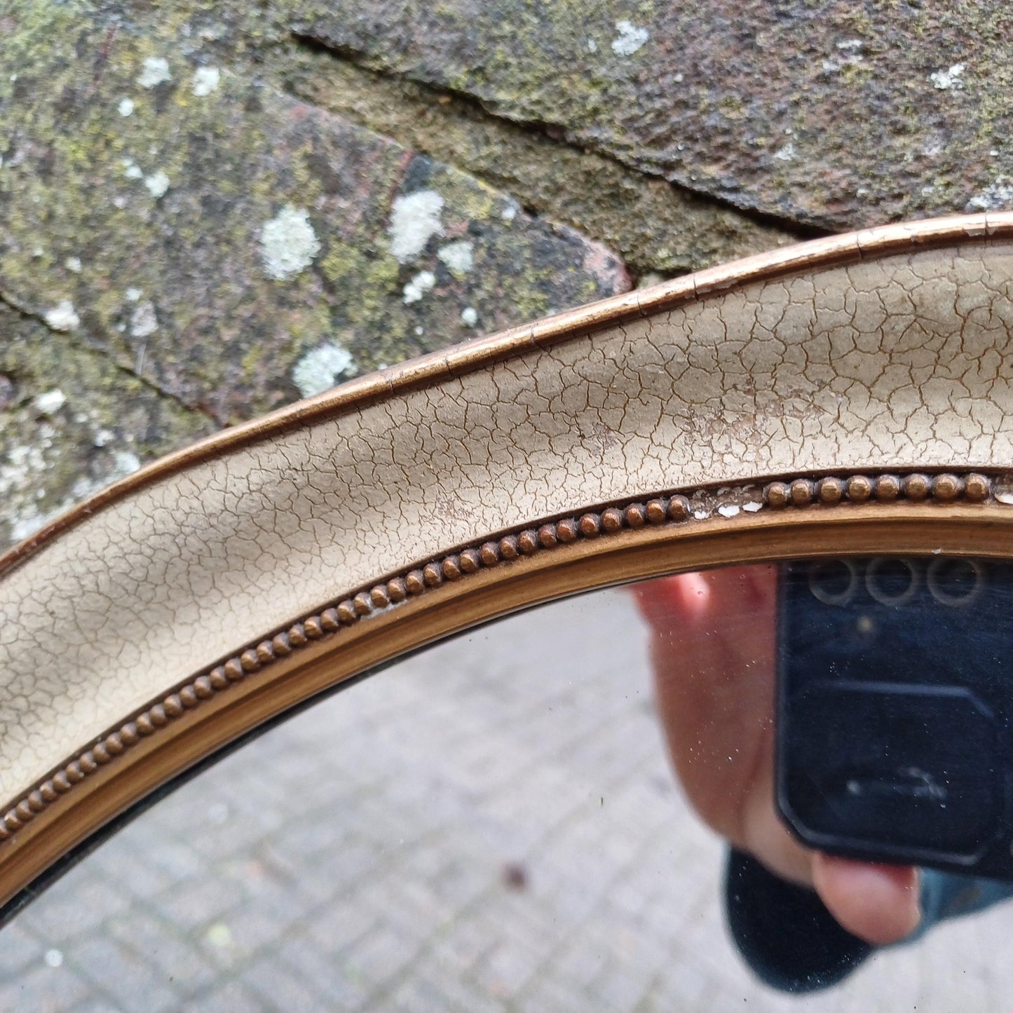 Large Vintage 60s/70s Gold and Cream Oval Mirror Crackle Glazed Effect.