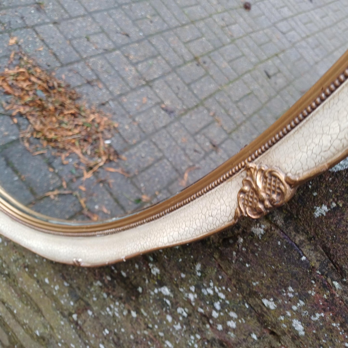 Large Vintage 60s/70s Gold and Cream Oval Mirror Crackle Glazed Effect.