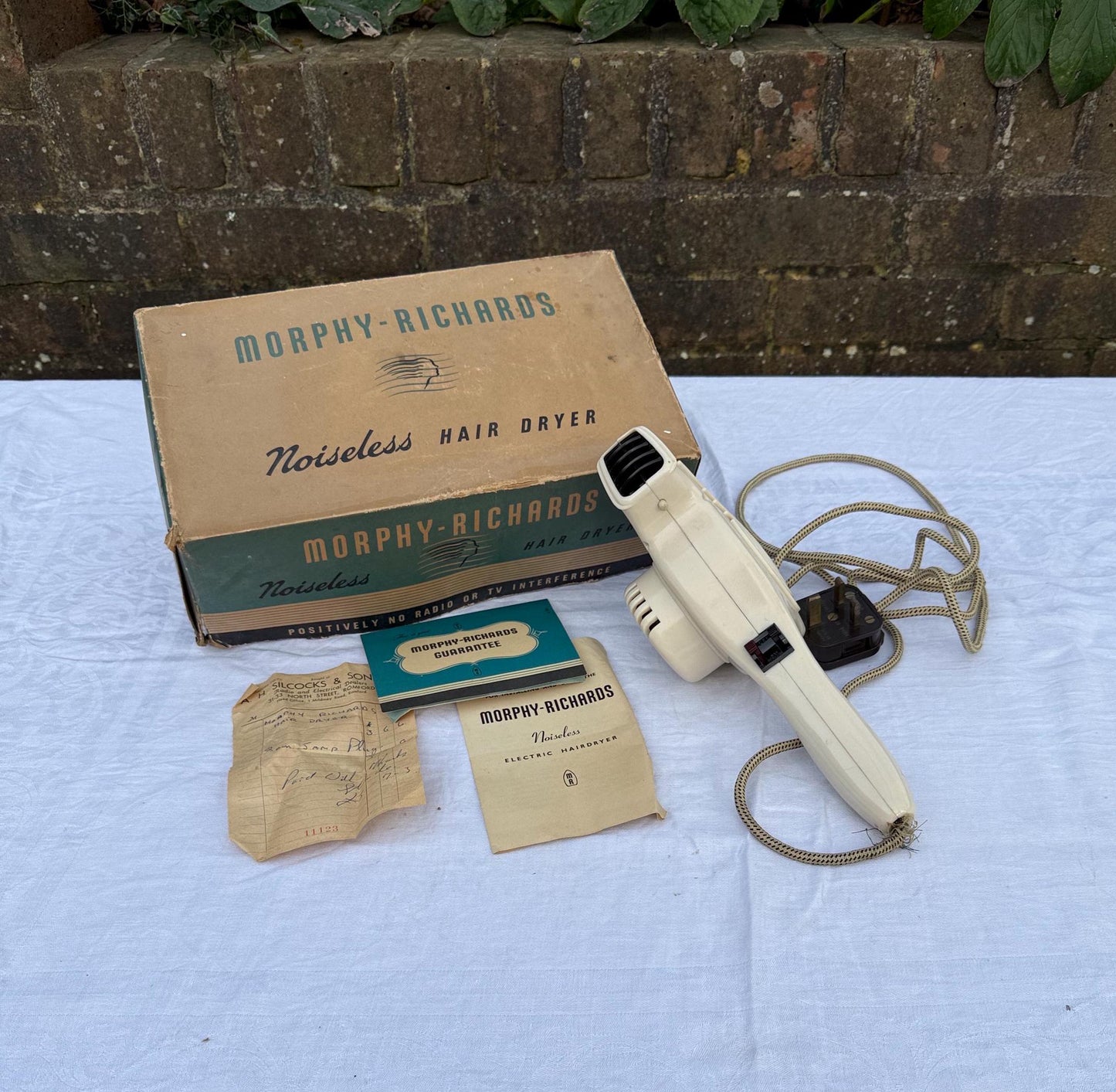 original 1950s noiseless morphy richards hairdryer. in original box and with original paperwork including sales receipt dated 1956
