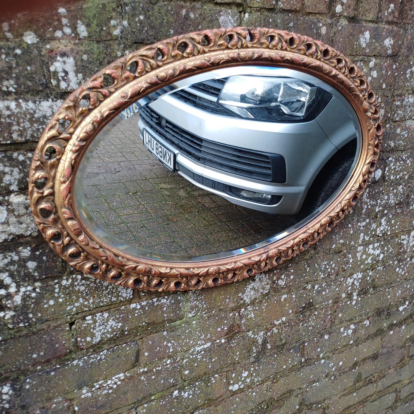 Beautiful Age Worn Gold Red with Highlights Oval Mirror Bevelled Glass 50 x 77 cm