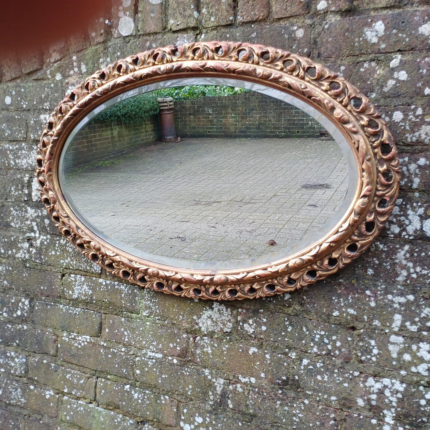 Beautiful Age Worn Gold Red with Highlights Oval Mirror Bevelled Glass 50 x 77 cm