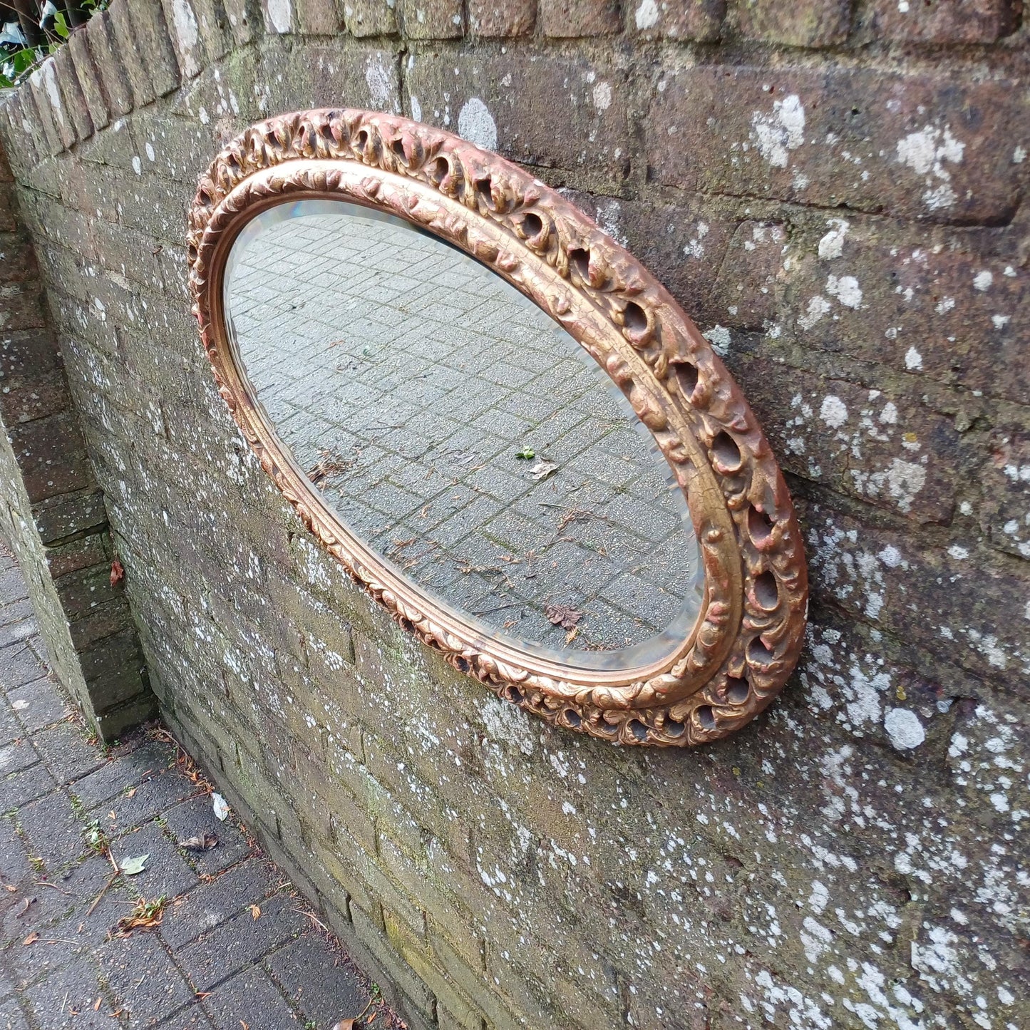 Beautiful Age Worn Gold Red with Highlights Oval Mirror Bevelled Glass 50 x 77 cm