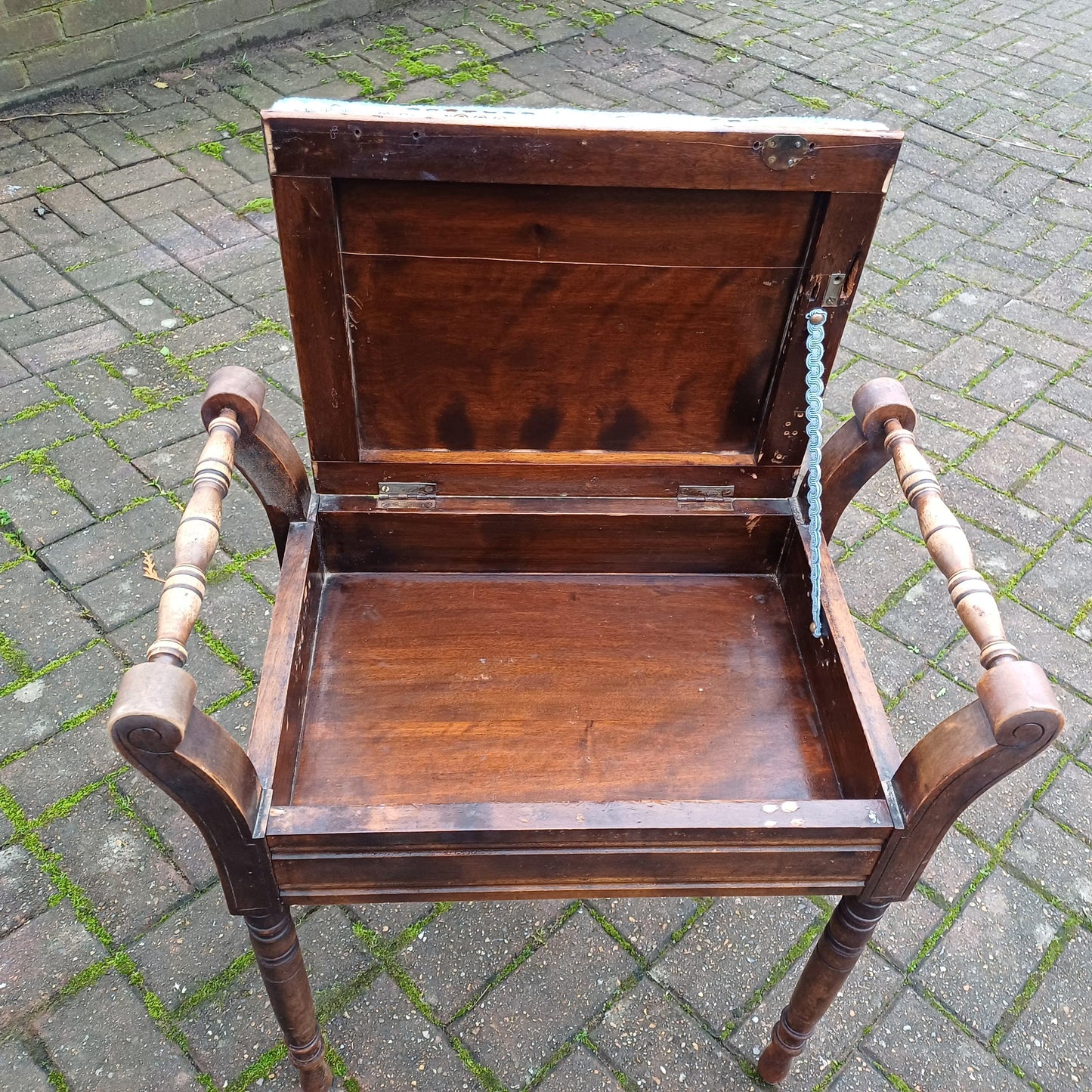 Elegant Vintage Late Victorian Mahogany Piano Stool with Storage Compartment Soft Blue Fabric