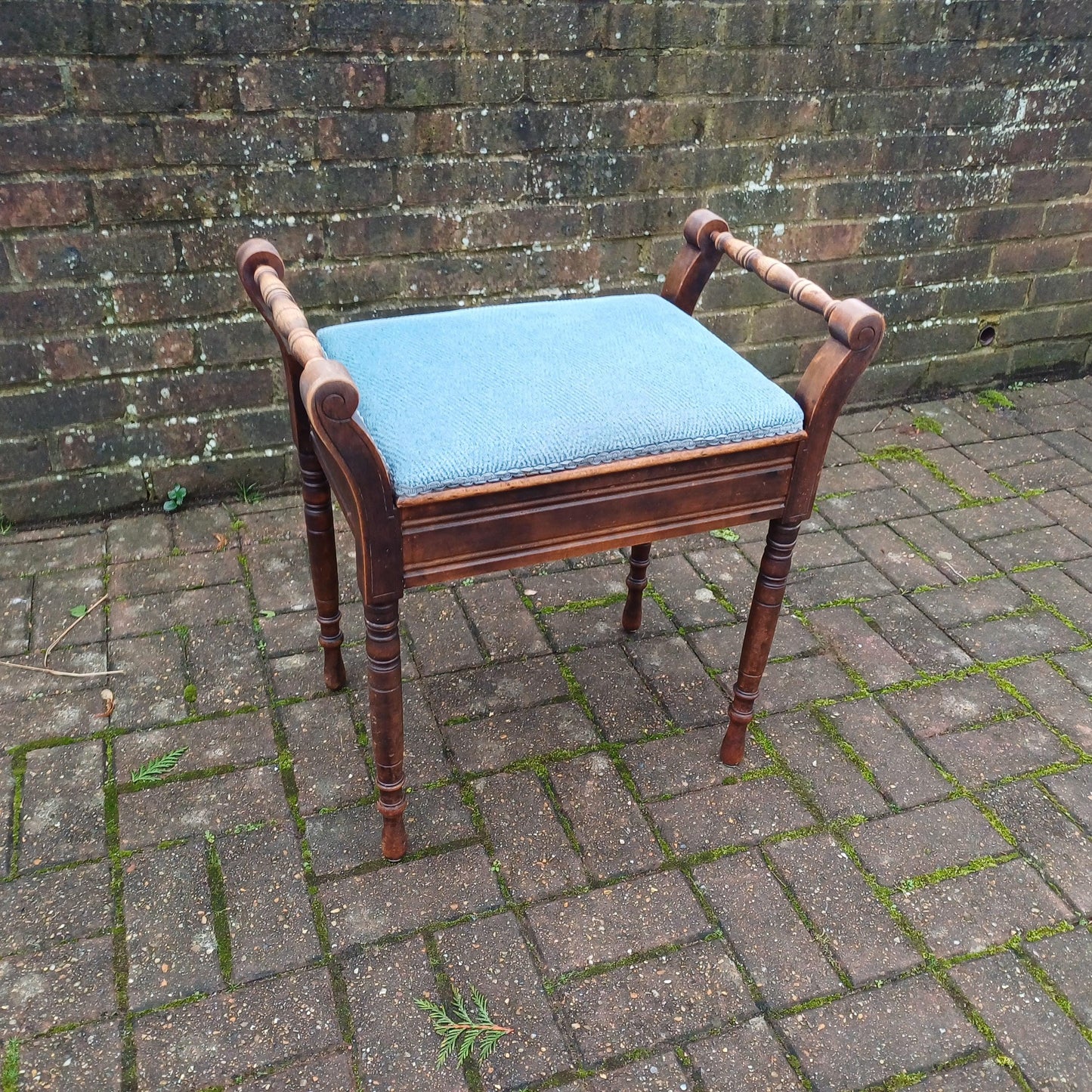 Elegant Vintage Late Victorian Mahogany Piano Stool with Storage Compartment Soft Blue Fabric