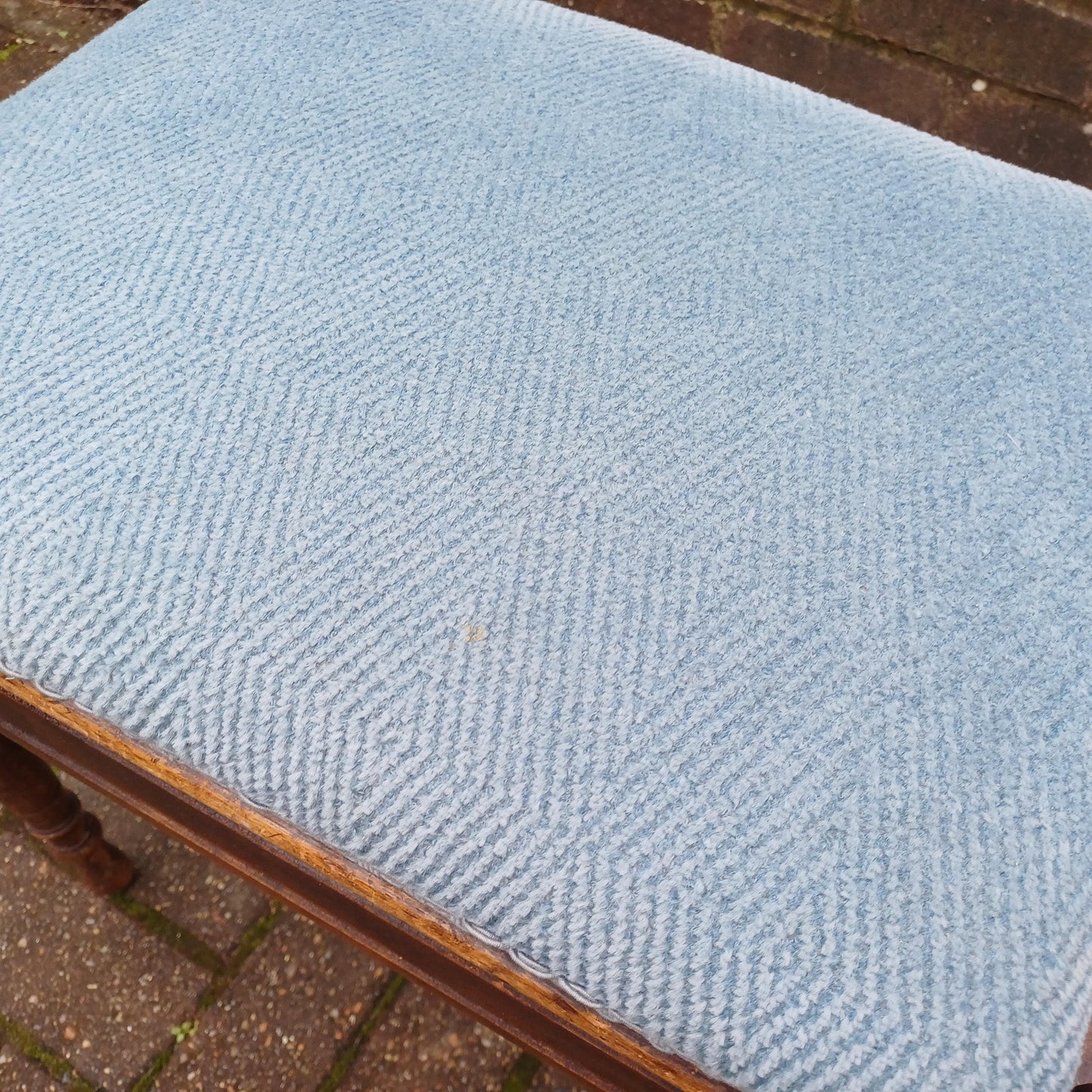 Elegant Vintage Late Victorian Mahogany Piano Stool with Storage Compartment Soft Blue Fabric