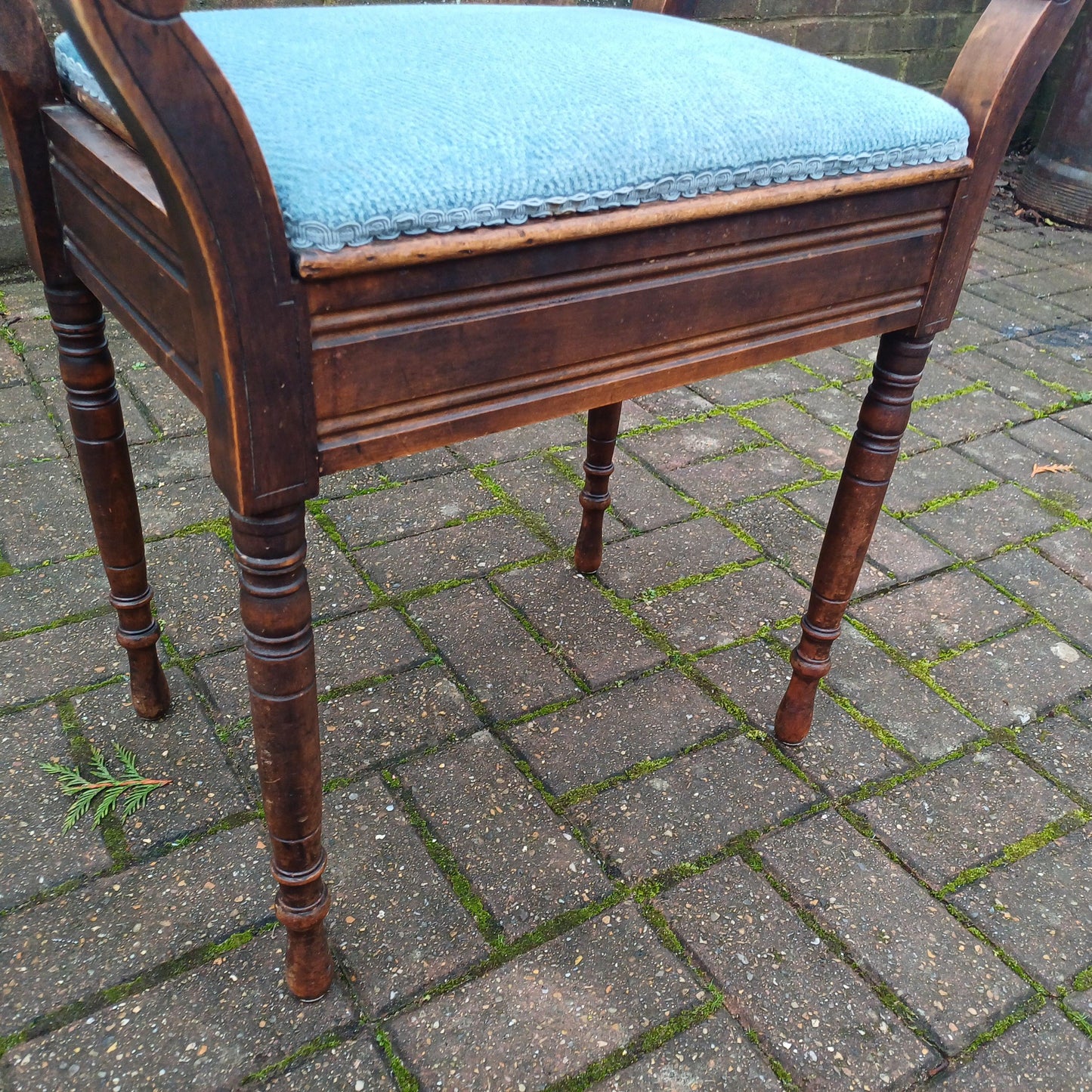 Elegant Vintage Late Victorian Mahogany Piano Stool with Storage Compartment Soft Blue Fabric