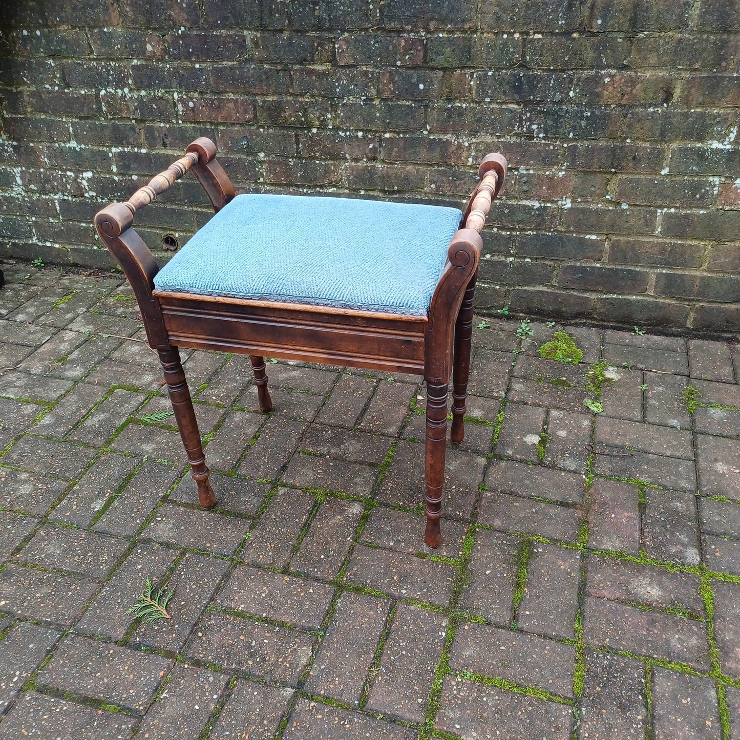 Elegant Vintage Late Victorian Mahogany Piano Stool with Storage Compartment Soft Blue Fabric