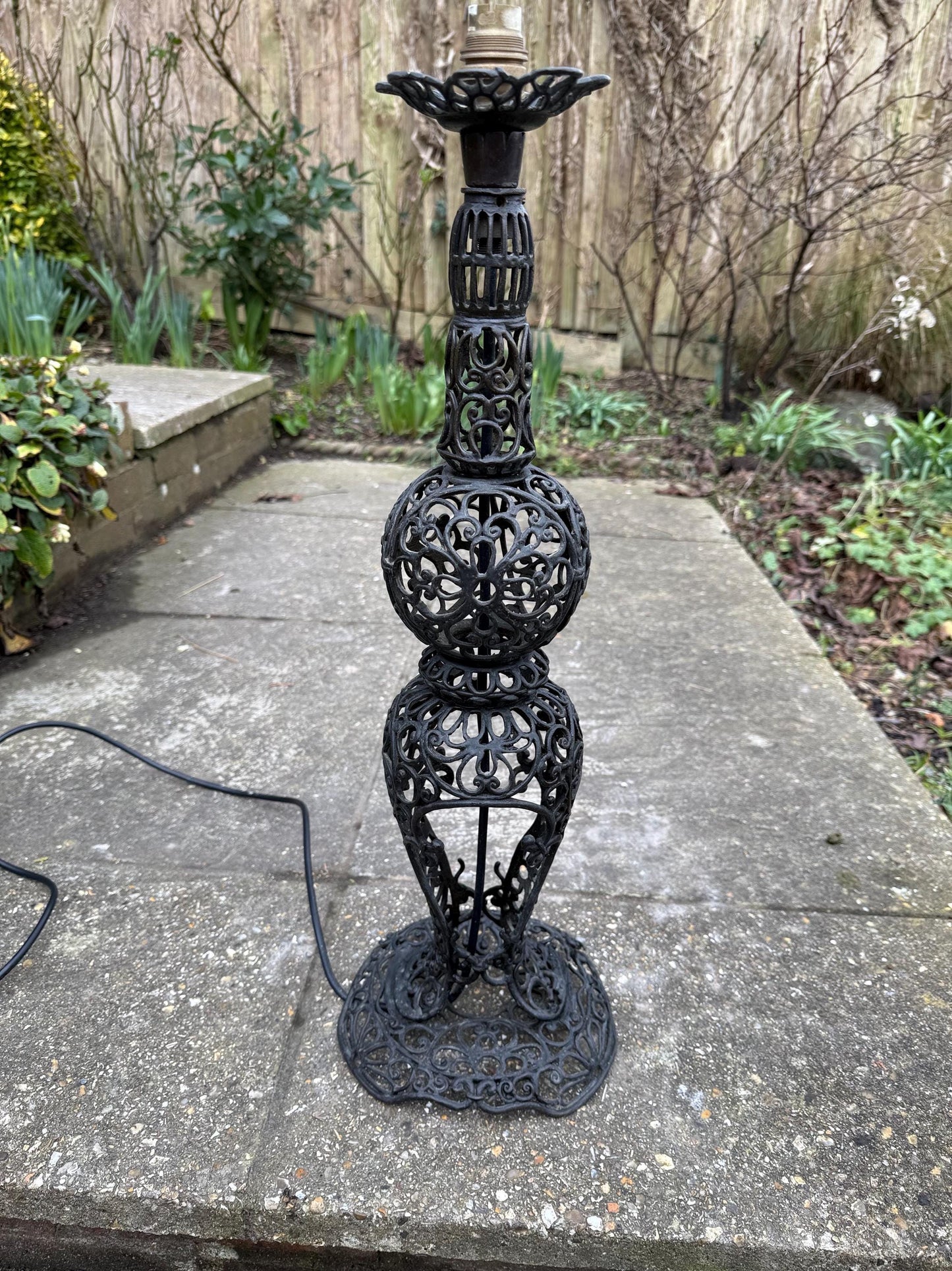 Retro Black Filigree Metal tall vintage lamp - PAT tested and working; vintage floor lamp, tall lamp, ornate lamp, 1960s lamp