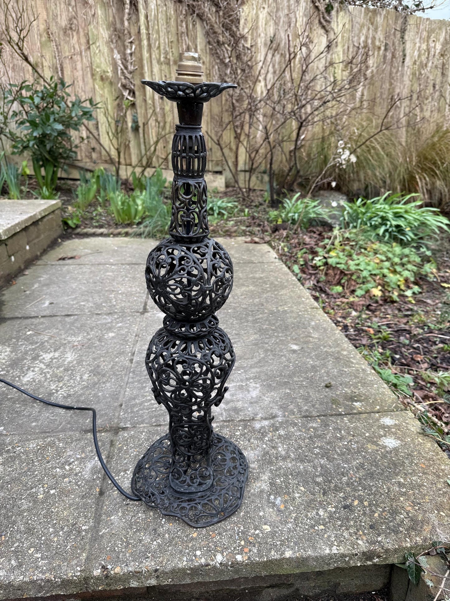 Retro Black Filigree Metal tall vintage lamp - PAT tested and working; vintage floor lamp, tall lamp, ornate lamp, 1960s lamp