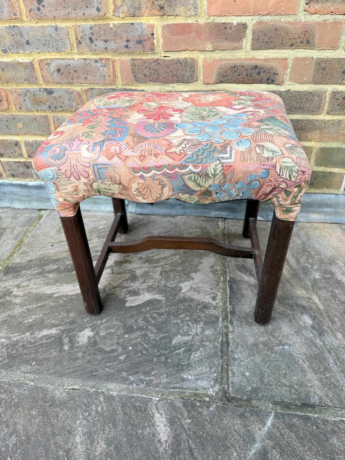 Mid-century wooden stool with a 1980s fabric seat, retro stool, 1950s stool, wooden stool, wood stool, upholstered stool
