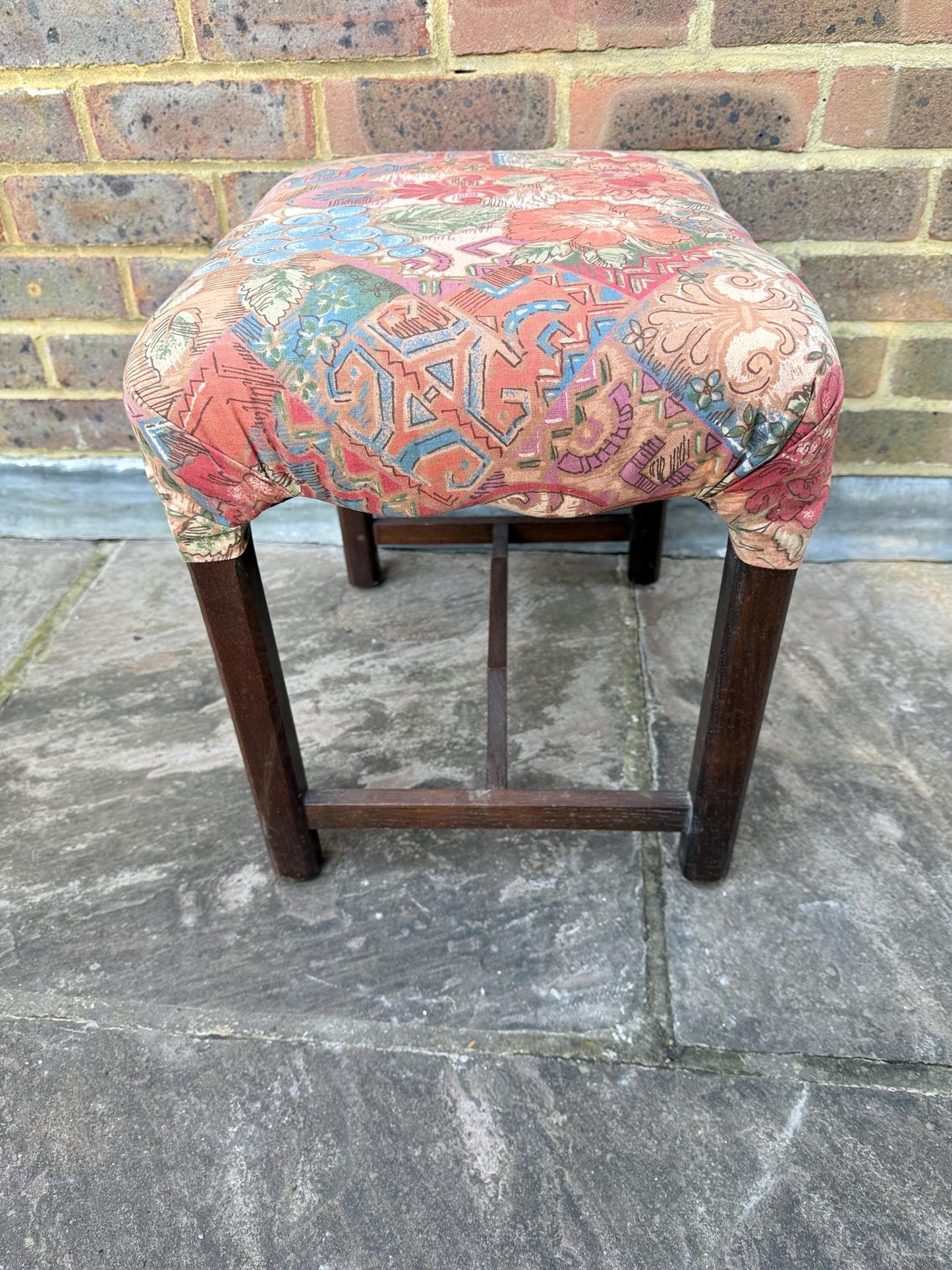 Mid-century wooden stool with a 1980s fabric seat, retro stool, 1950s stool, wooden stool, wood stool, upholstered stool