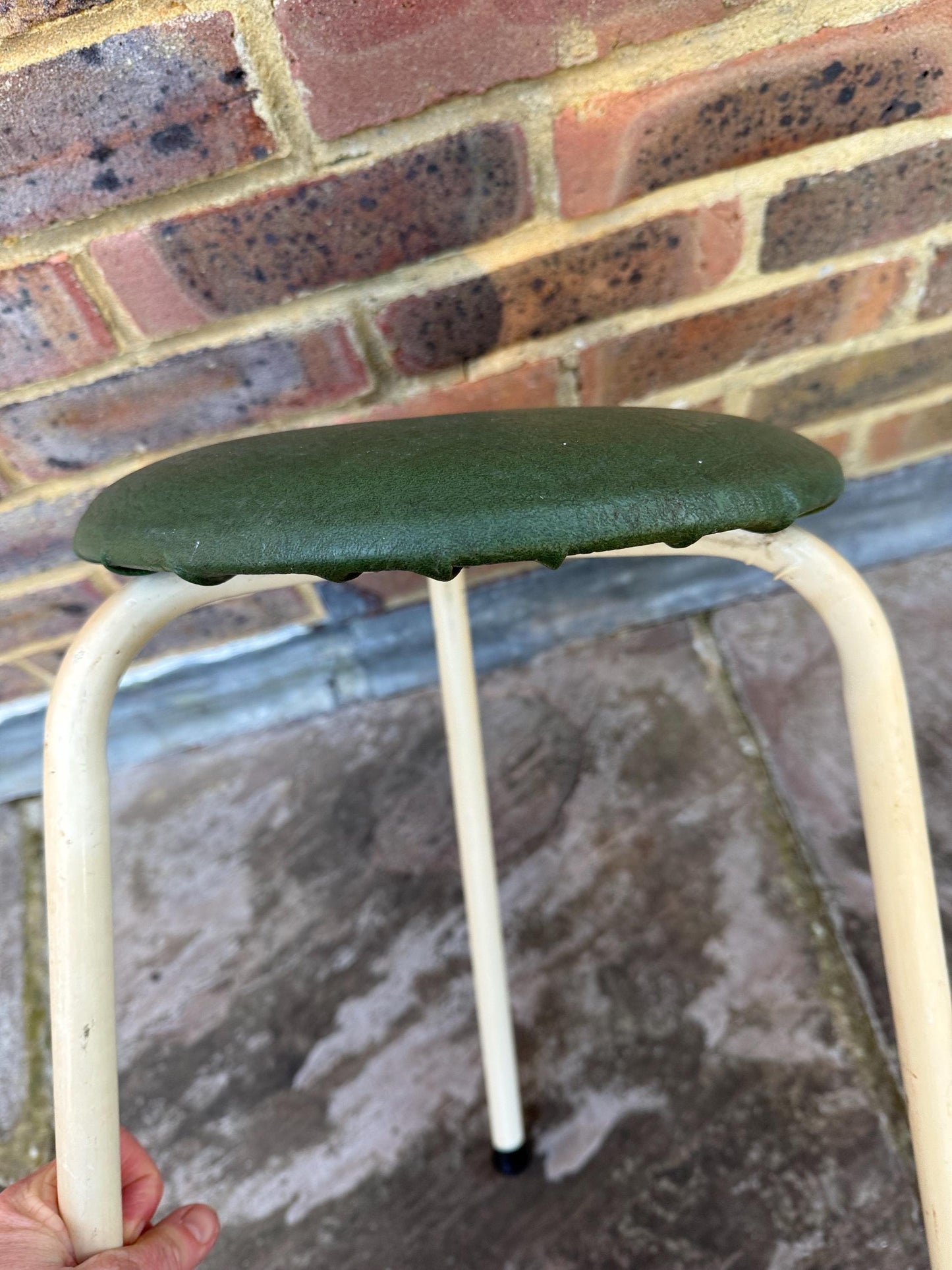 Mid-century small metal kitchen stool - vintage stool, green leatherette vinyl stool, metal stool, vintage kitchen