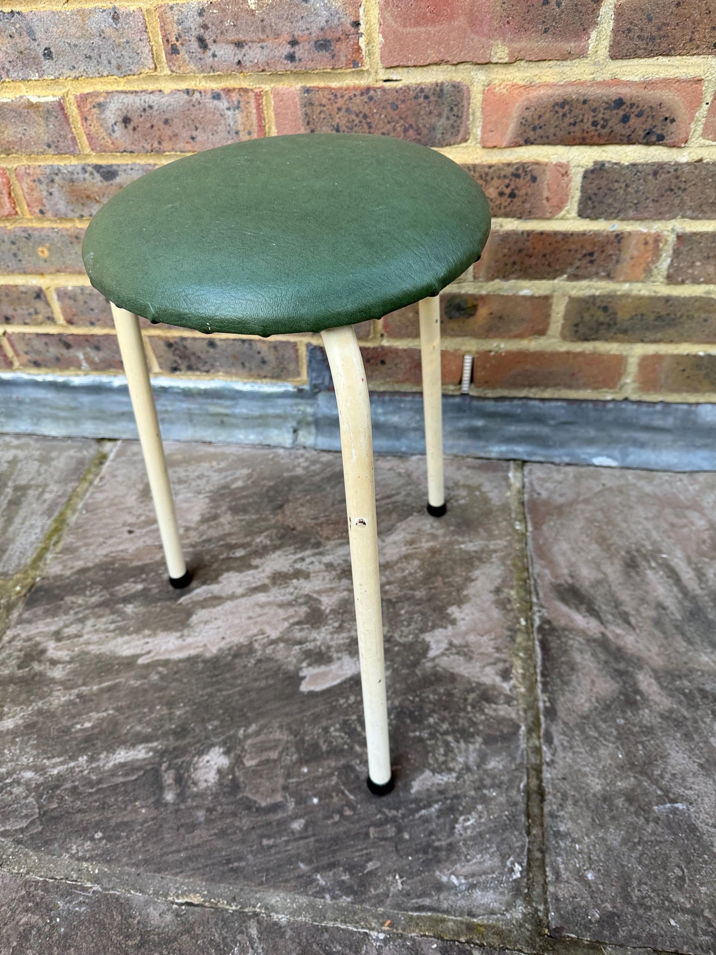 Mid-century small metal kitchen stool - vintage stool, green leatherette vinyl stool, metal stool, vintage kitchen