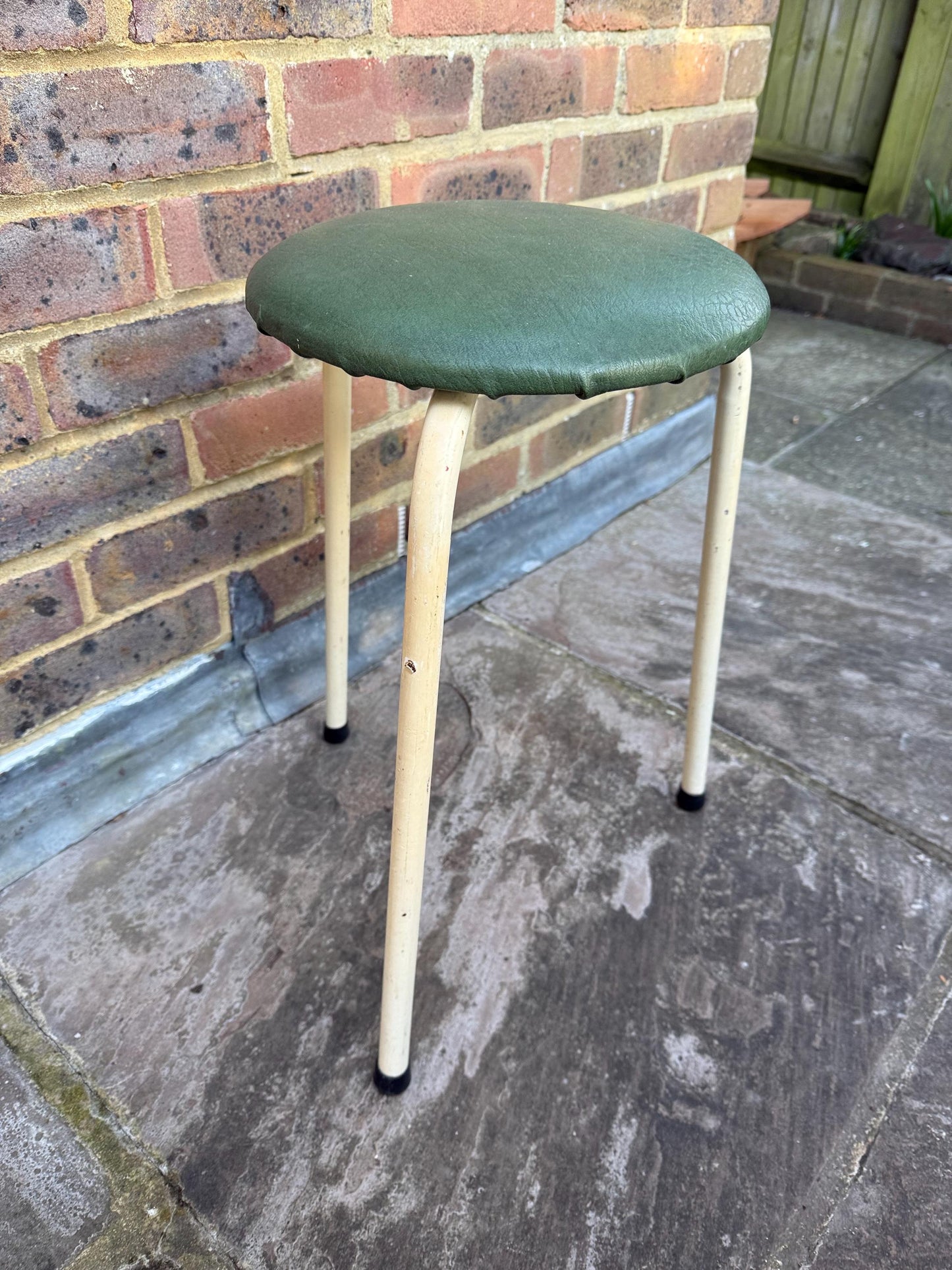 Mid-century small metal kitchen stool - vintage stool, green leatherette vinyl stool, metal stool, vintage kitchen
