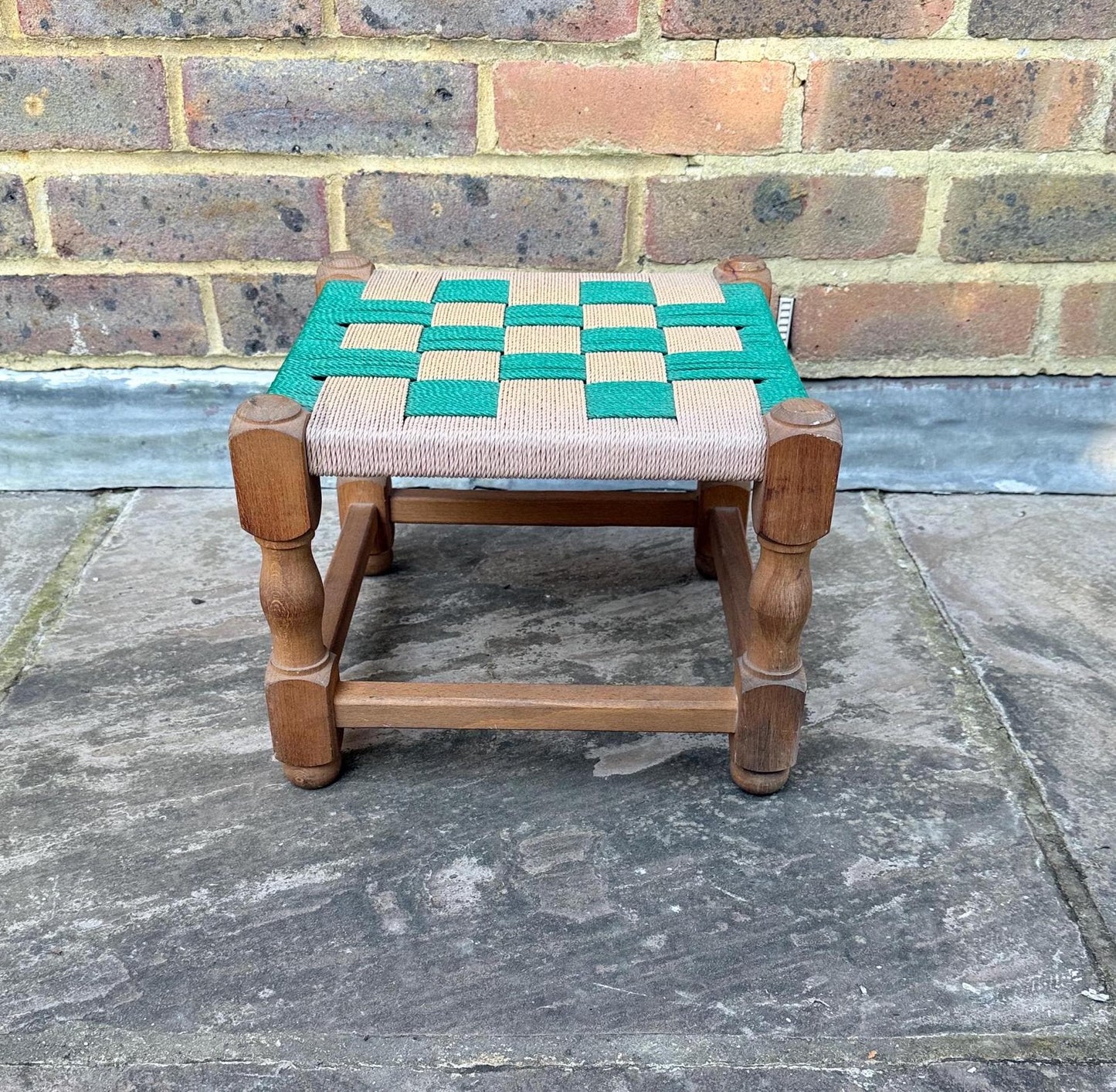 Fabulous retro vintage foot stool, woven stool, retro woven string stool - green and brown and beige stool, child chair