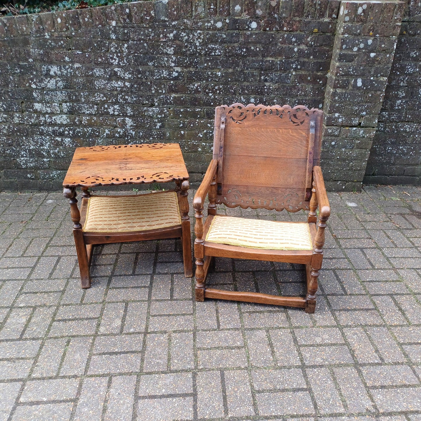 Pair of Solid Oak Monks Bench Upholstered Occasional Chairs Tables Side Chair Table FREE HAND Delivery