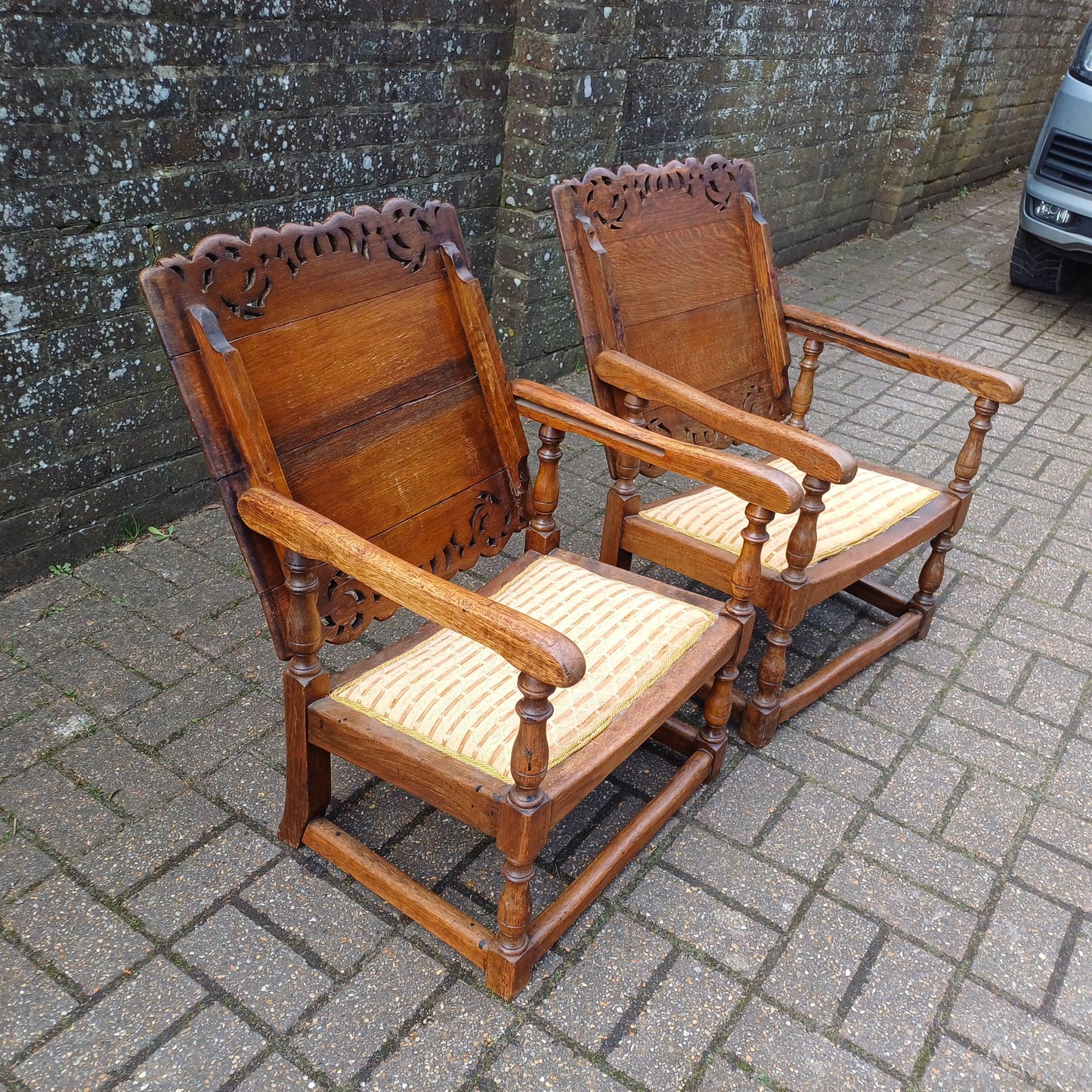 Pair of Solid Oak Monks Bench Upholstered Occasional Chairs Tables Side Chair Table FREE HAND Delivery