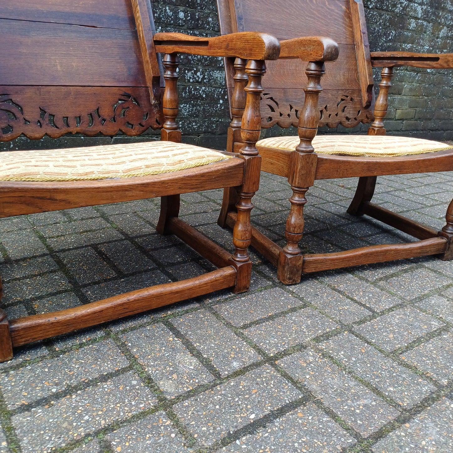 Pair of Solid Oak Monks Bench Upholstered Occasional Chairs Tables Side Chair Table FREE HAND Delivery