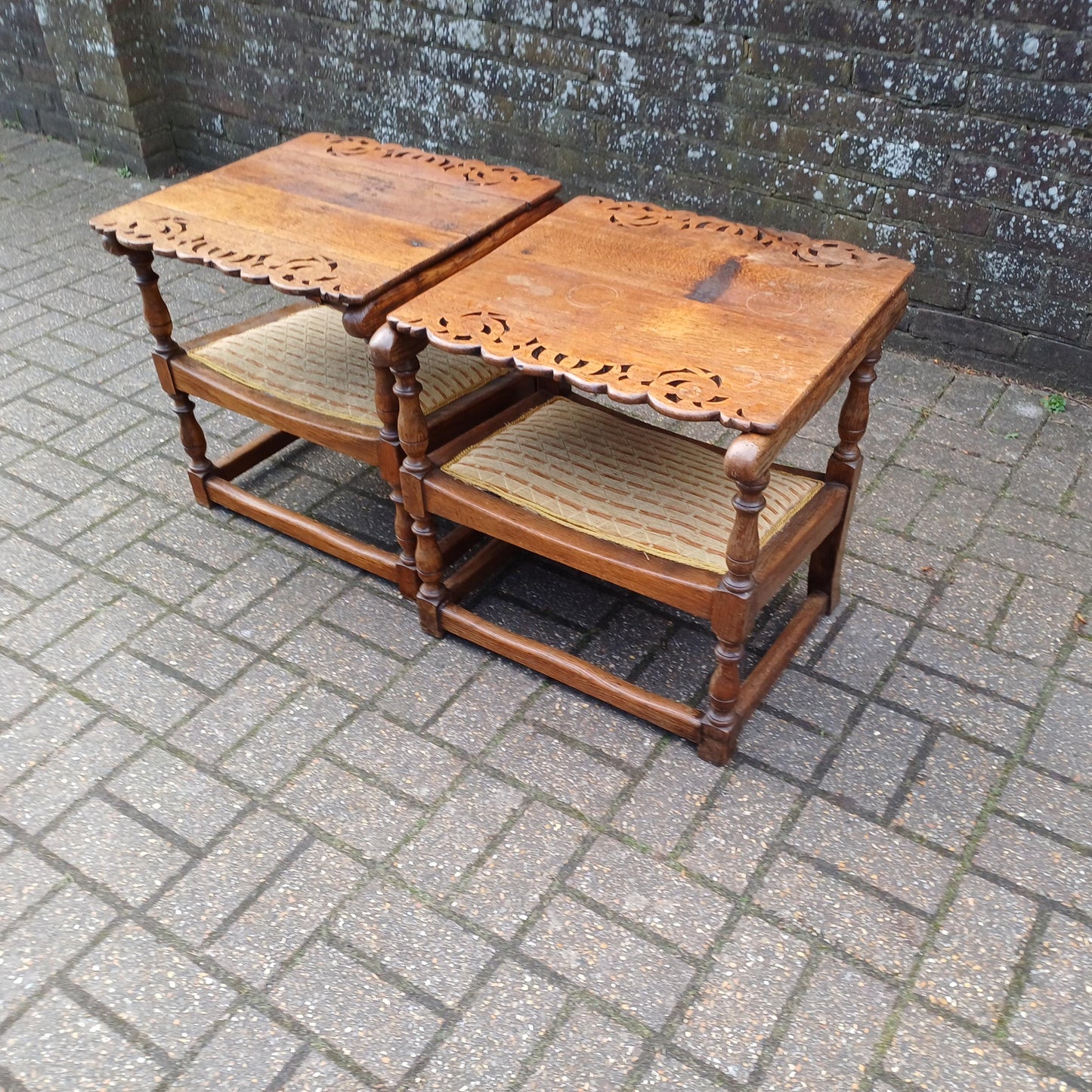Pair of Solid Oak Monks Bench Upholstered Occasional Chairs Tables Side Chair Table FREE HAND Delivery