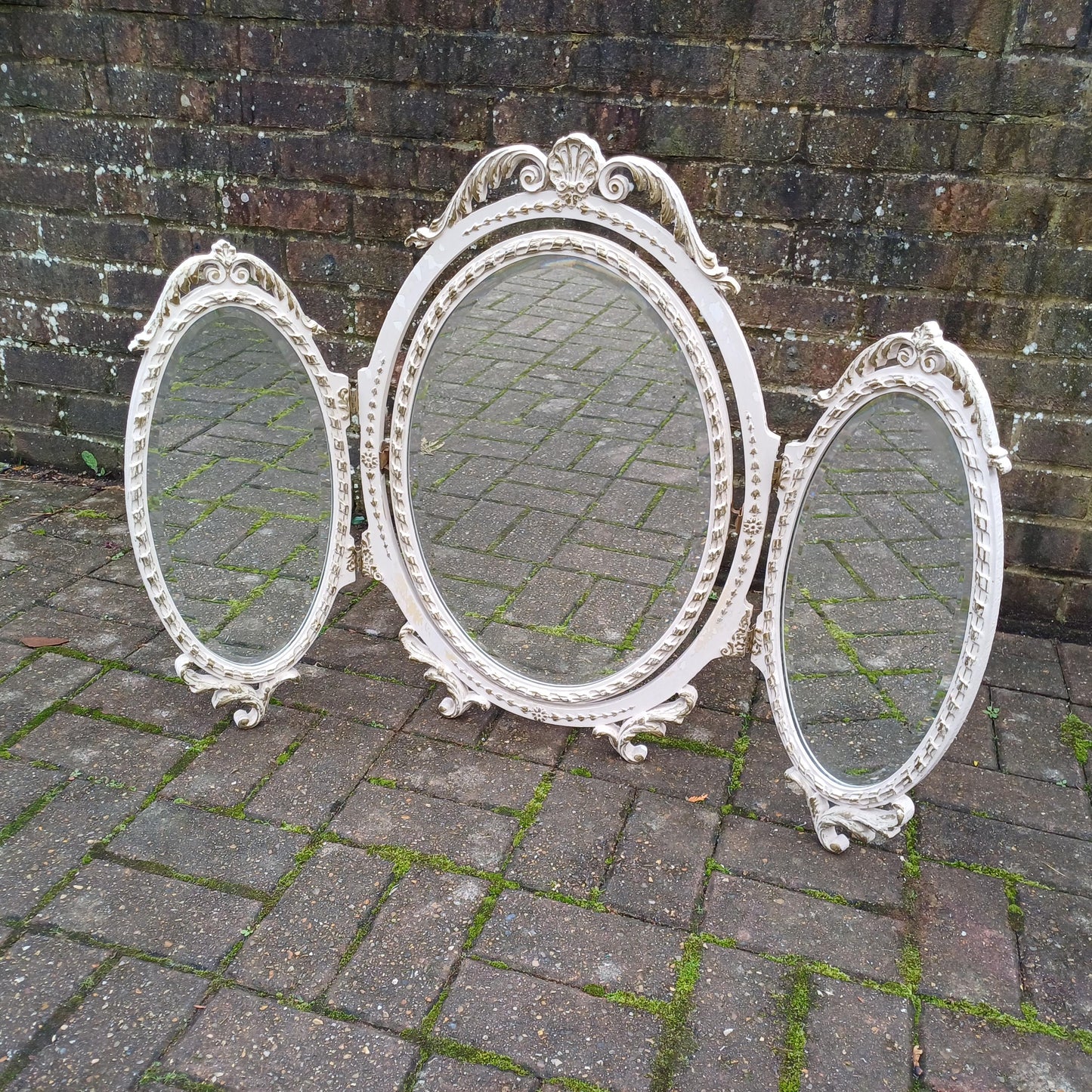 A Particularly Large Classic 70s Bedroom Ornate Painted Triple Dressing Table Mirror Light Cream Gold Highlights Bevelled Glass Adjustable.