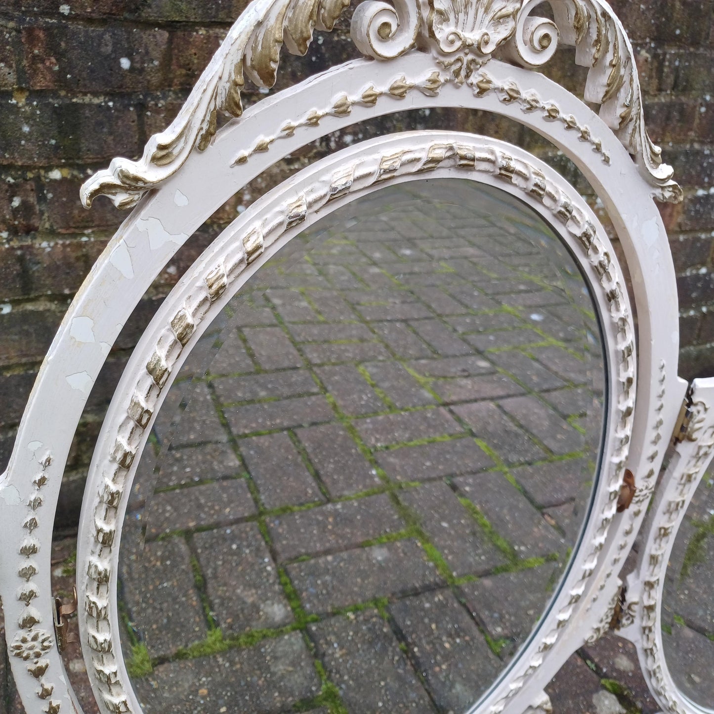 A Particularly Large Classic 70s Bedroom Ornate Painted Triple Dressing Table Mirror Light Cream Gold Highlights Bevelled Glass Adjustable.
