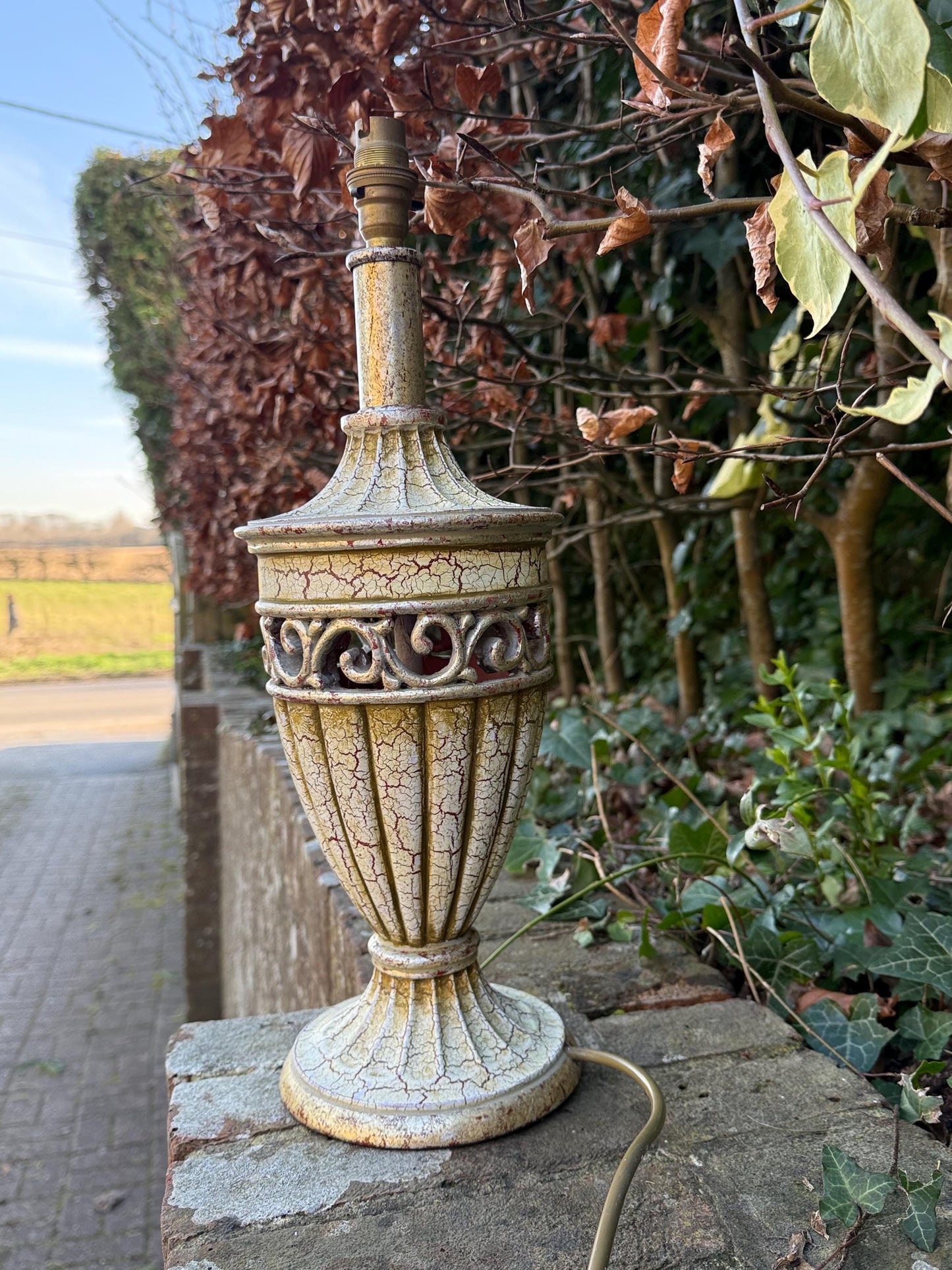 Large vintage Neo-Classical Urn Shaped Lamp in Cream, gold and crackle finish with reddish tones - PAT tested and working, 48cm tall