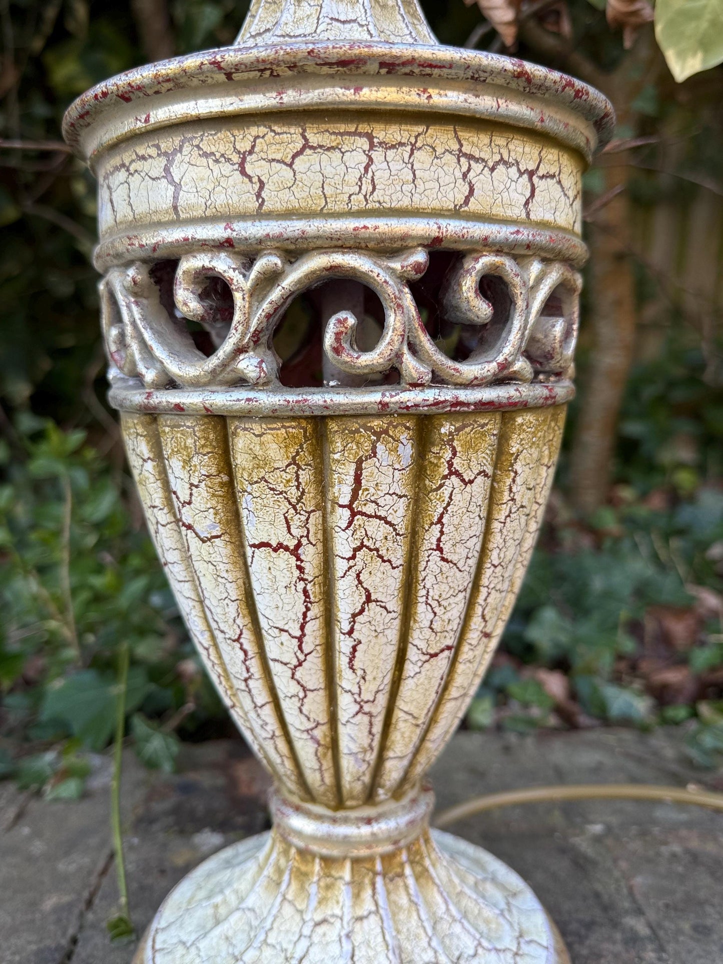Large vintage Neo-Classical Urn Shaped Lamp in Cream, gold and crackle finish with reddish tones - PAT tested and working, 48cm tall