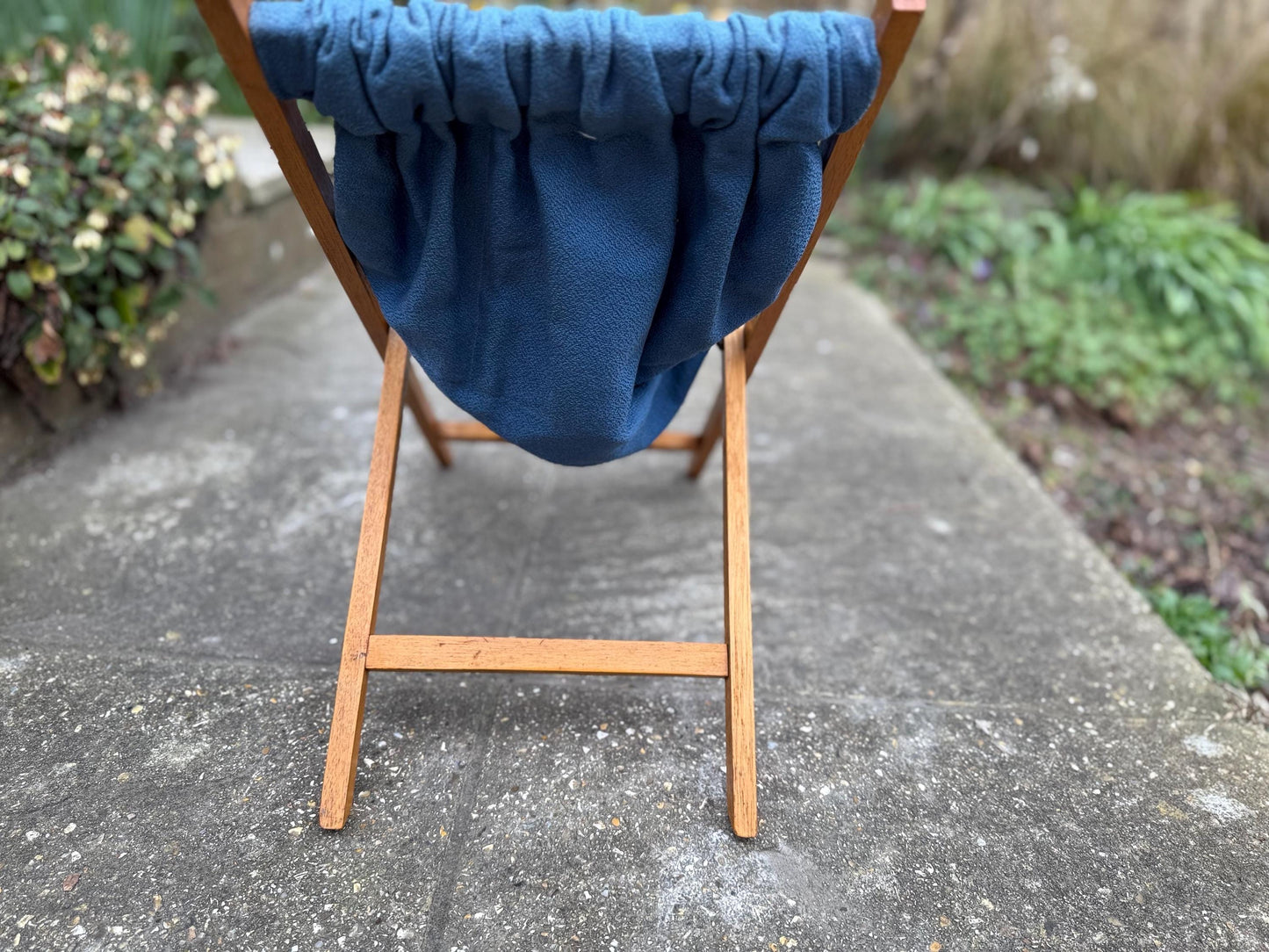 Vintage Knitting or Craft Folding Basket – wooden frame gorgeous Royal Blue & Emerald Green Basket; retro knitting basket, storage basket