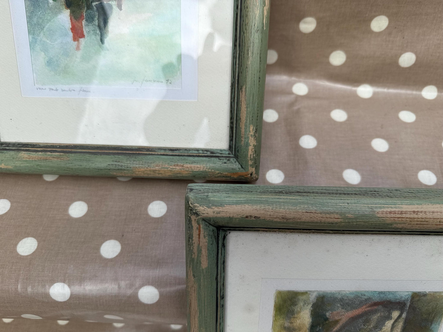 Vintage chunky green painted and glazed wooden frames with Italian inspired signed F. Formosa prints (24cm x 28.5cm)