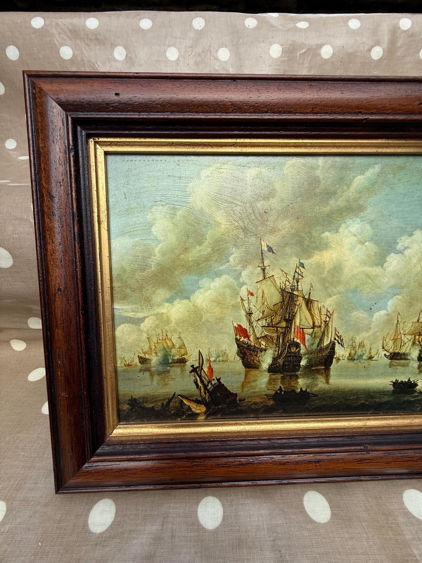 Small Vintage Maritime Naval Prints in quality frames, Willem van de Velde 17th C paintings (Port d'Amsterdam & Combat Naval La Mer Du Nord)