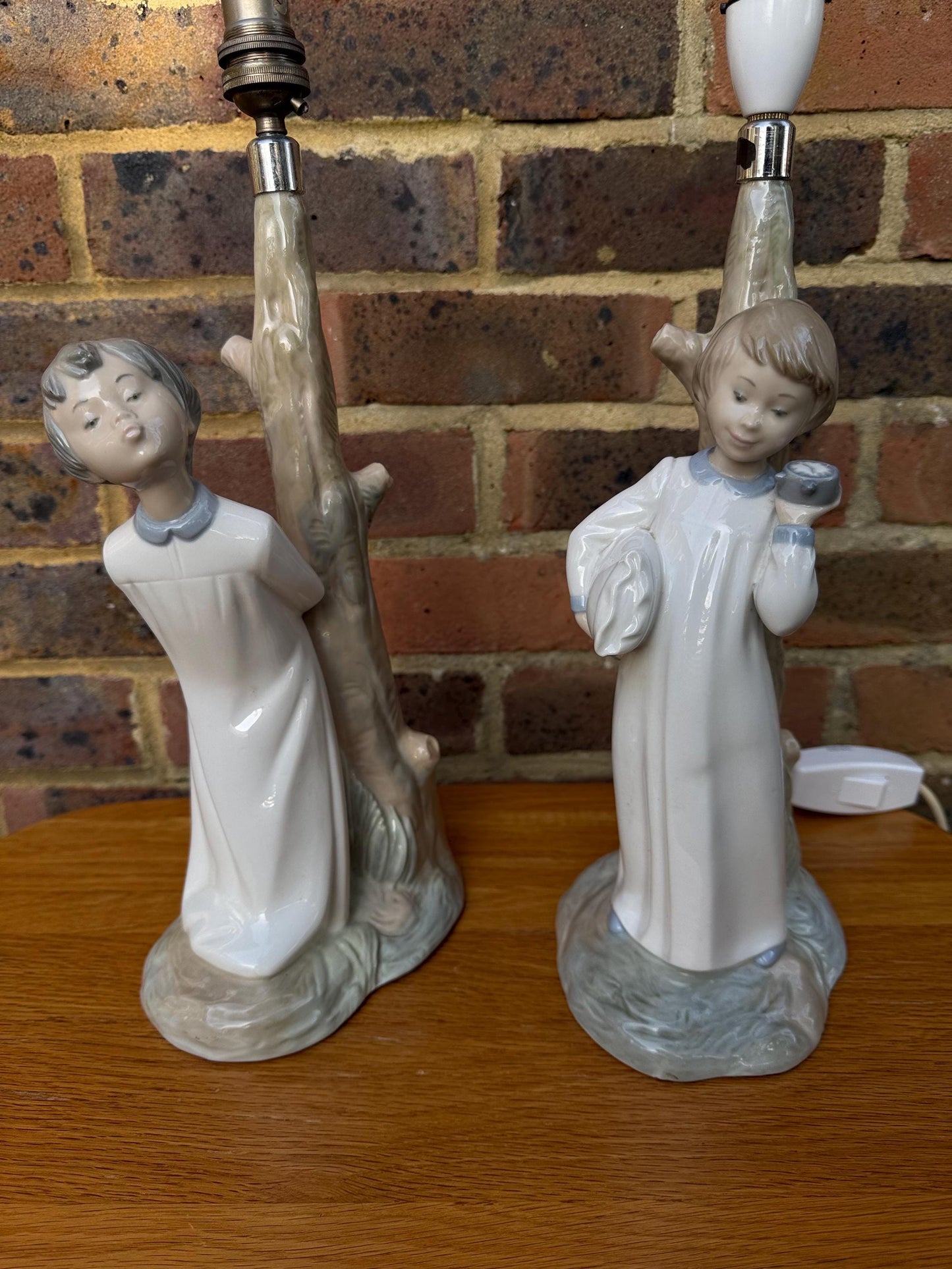 Pair Vintage Retro Lladro Bedtime Character Porcelain Lamps - Going to Bed, Kiss Me Goodnight - PAT tested, Excellent condition