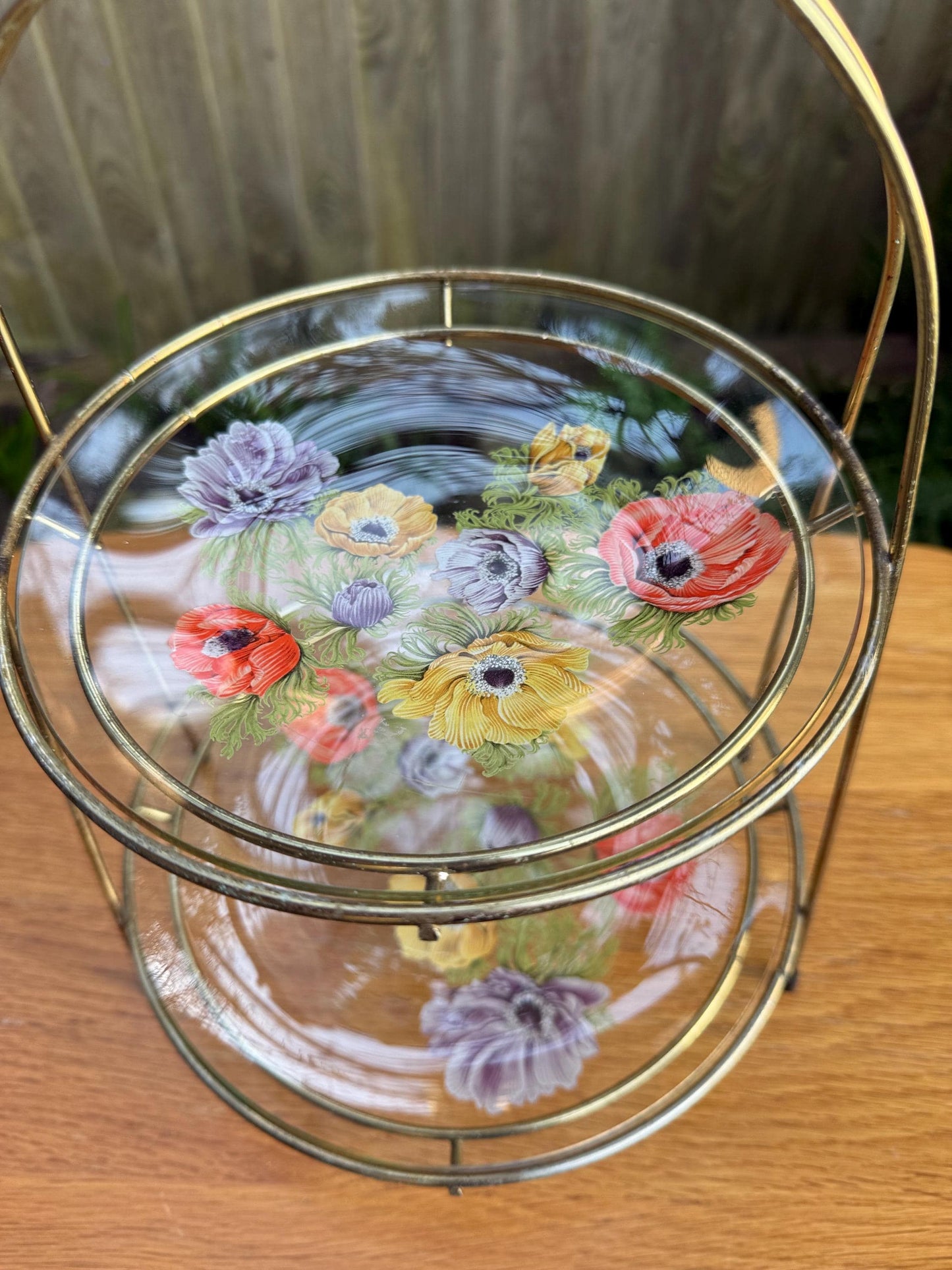 Tiered Vintage Retro Cake Plate Stand - two delicate glass painted plates in retro metal stand