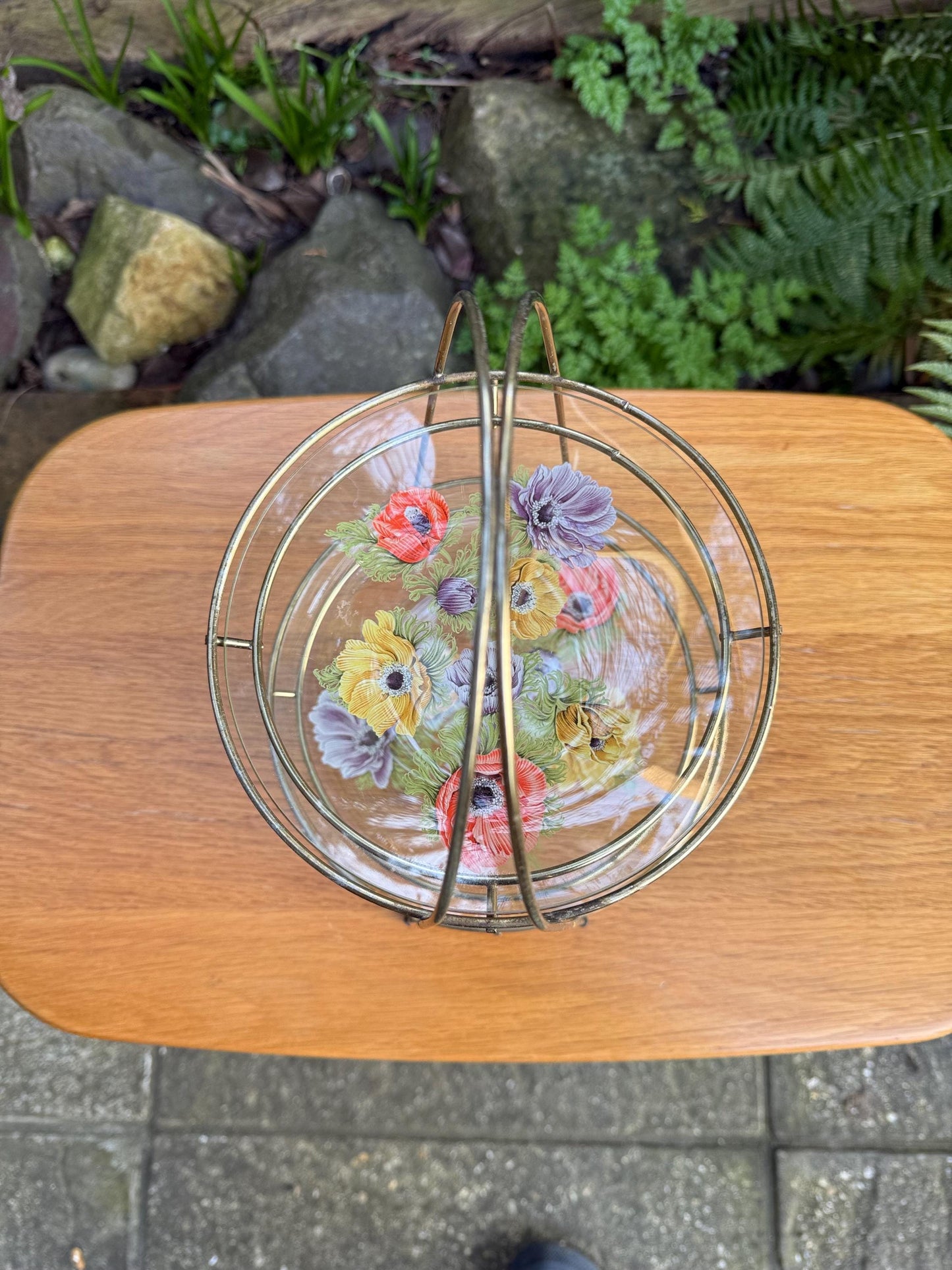Tiered Vintage Retro Cake Plate Stand - two delicate glass painted plates in retro metal stand